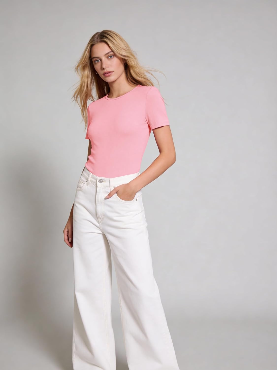 Thumbnail 6 de Aottori Damen T-Shirt Rundhals Sommer: Basic Slim Fit aus weichem geripptem Stoff