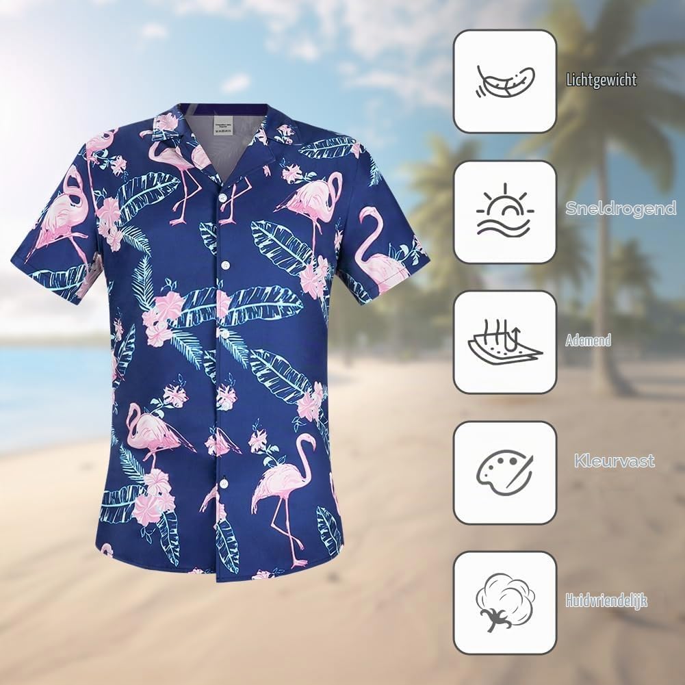 Detalle de Aomig Hawaiiaans herenoverhemd met bloemenprint, korte mouwen en normale pasvorm