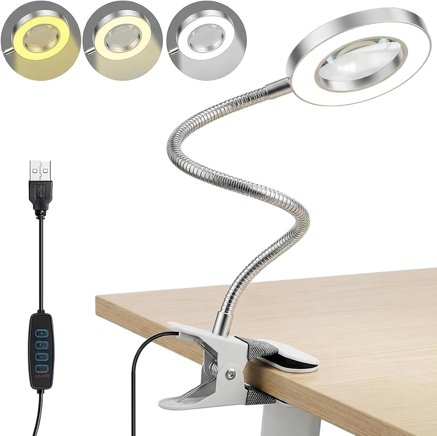 Detalle de Magnifying Glass with Light and Stand, 10X Magnifiers Lamp with Clamp (Silver)