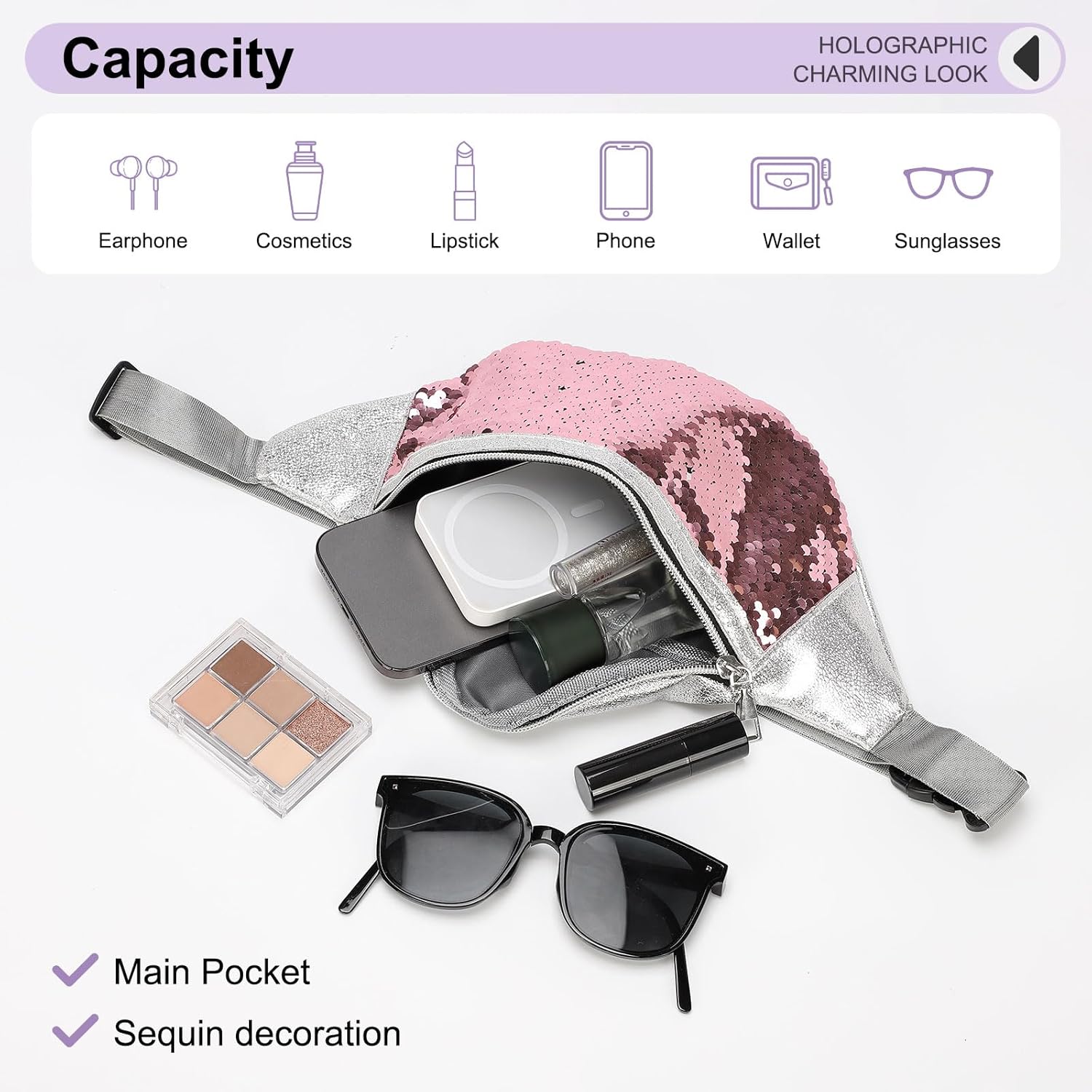 Detalle de DTGN Sequined Fanny Pack for Women: Shiny Pink Waist Bag with Adjustable Belt