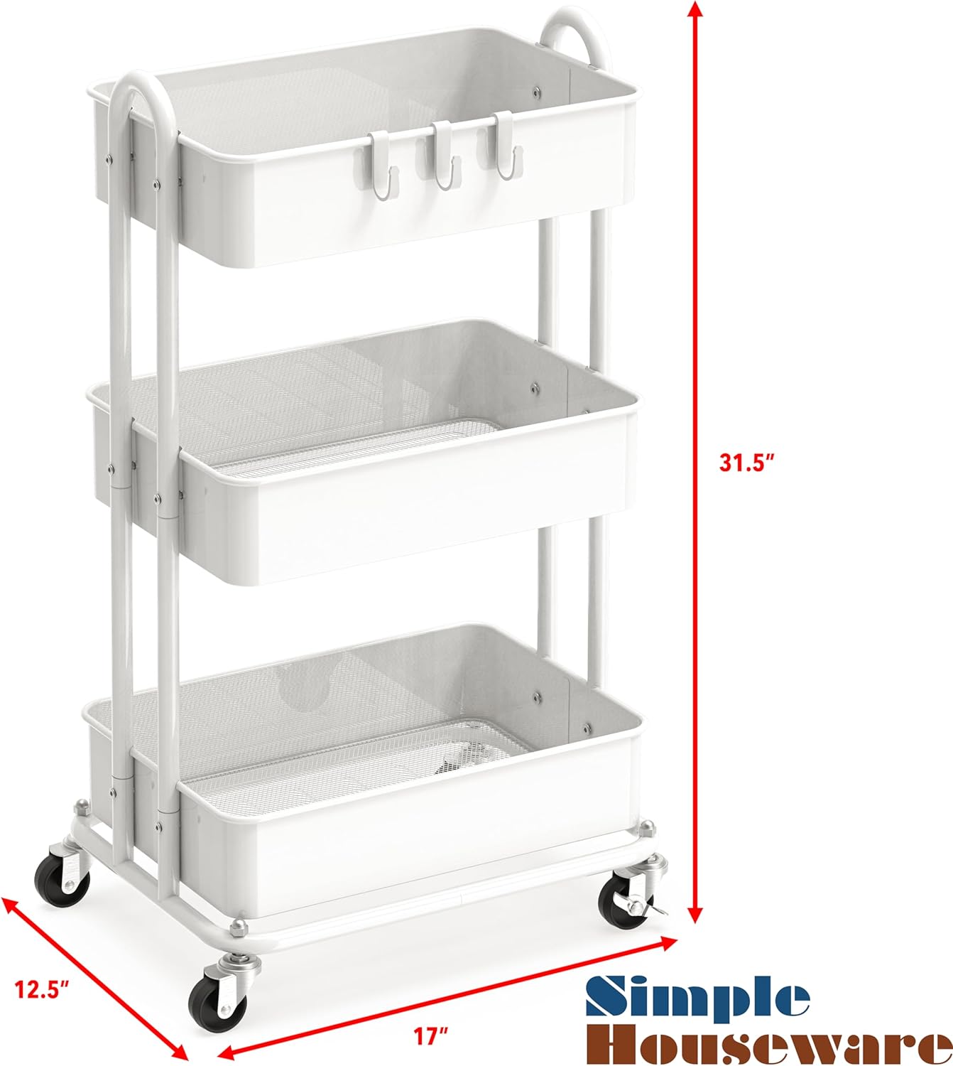 Thumbnail 1 de Simple Houseware CB-10C-2 3-Tier Metal Utility Cart, White, Locking Casters