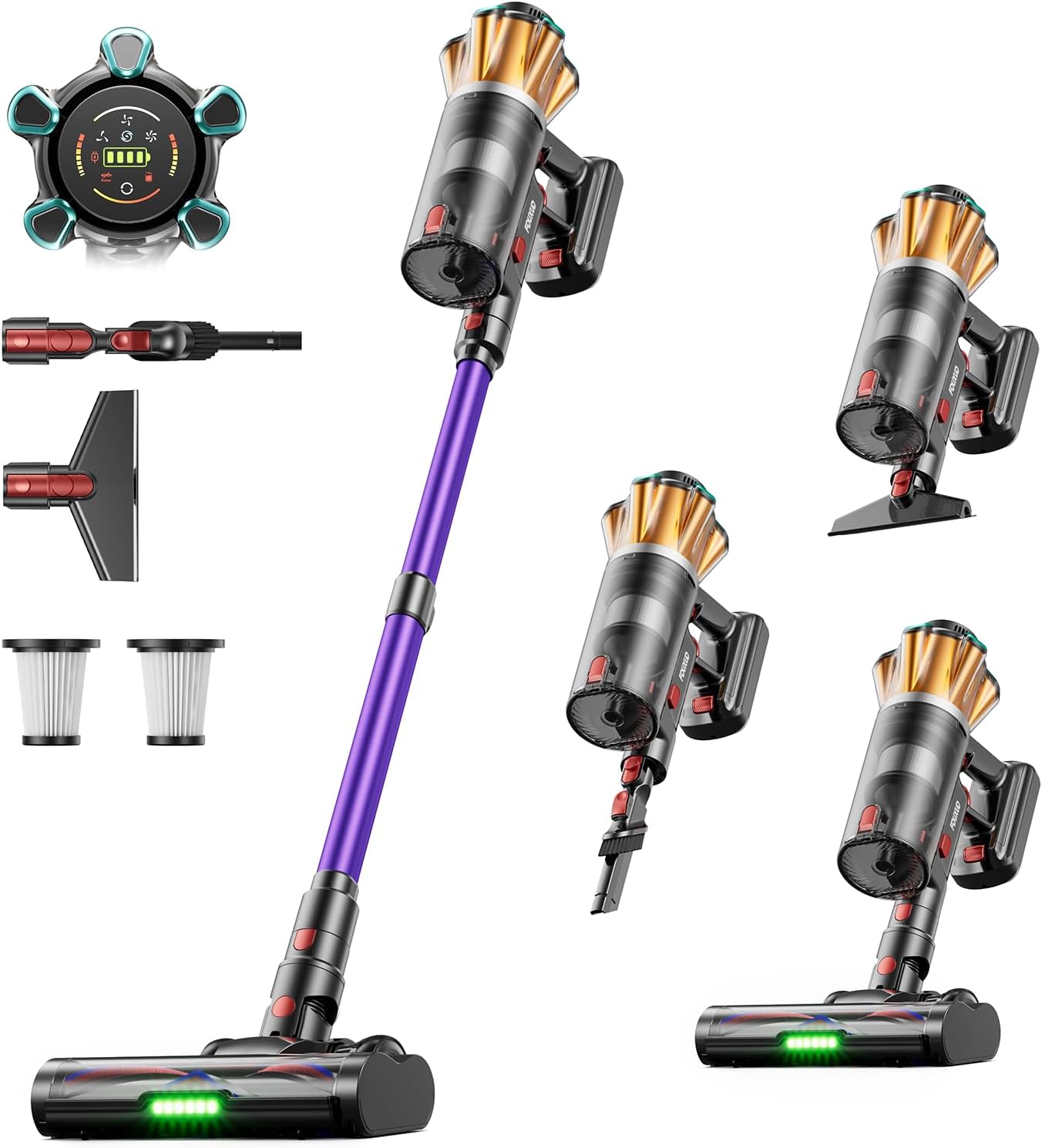 Detalle de FDUXUD Akku Staubsauger Kabellos 600W – 50kPa, 70 Min Laufzeit, Anti-Tangle-Bürste, OLED Display, Wandladestation