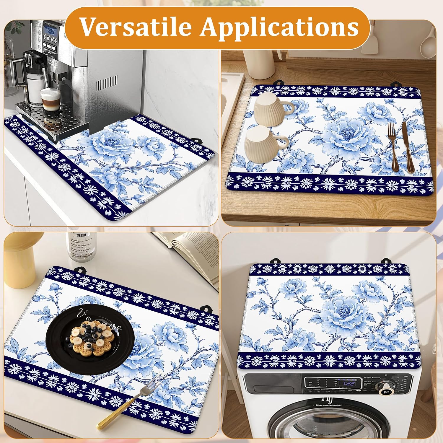 Thumbnail 6 de YIKTI Blue Floral Stove Top Cover, 28 x 20 Inch Heat-Resistant Mat