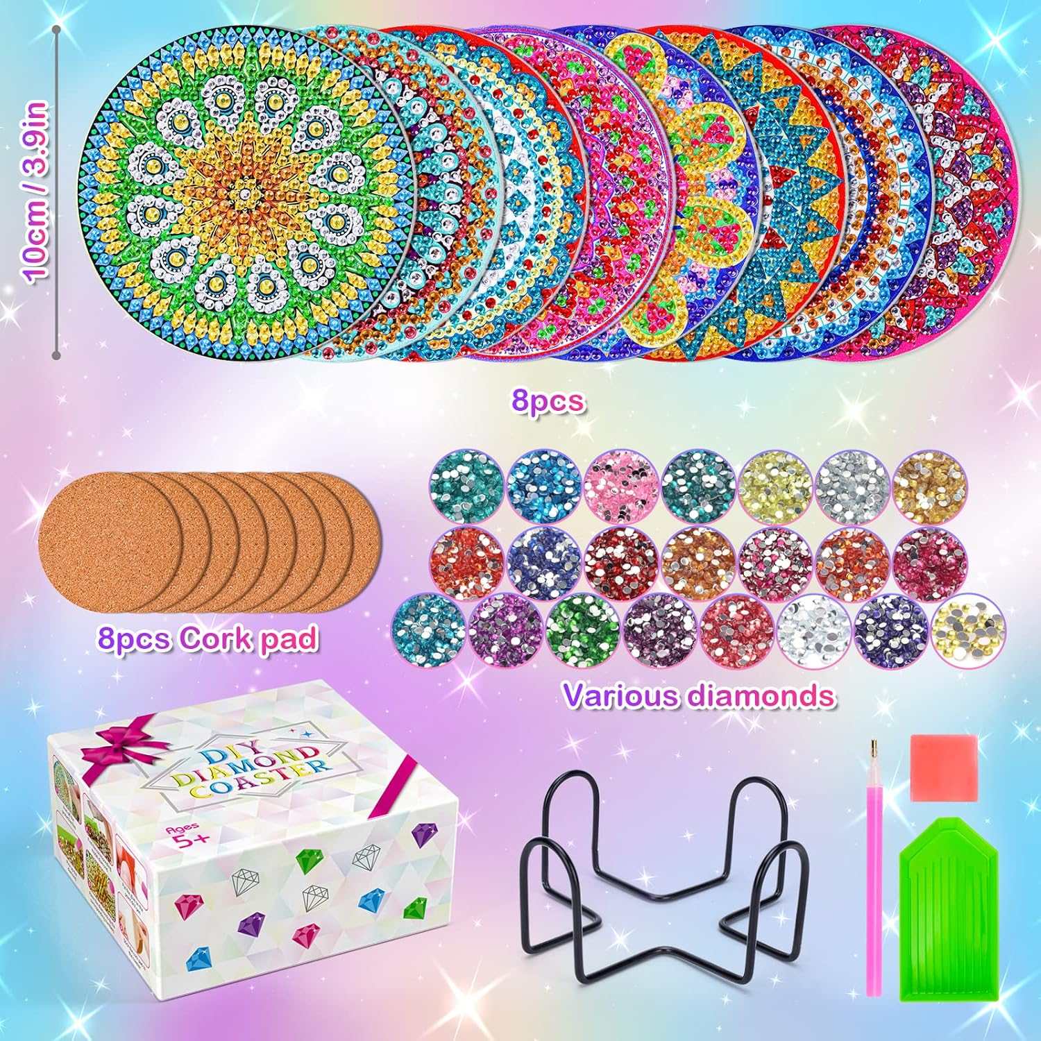 Detalle 2 de Bastelset Geschenk für Mädchen (8–12 Jahre): Diamond Painting Untersetzer mit 8 Motiven