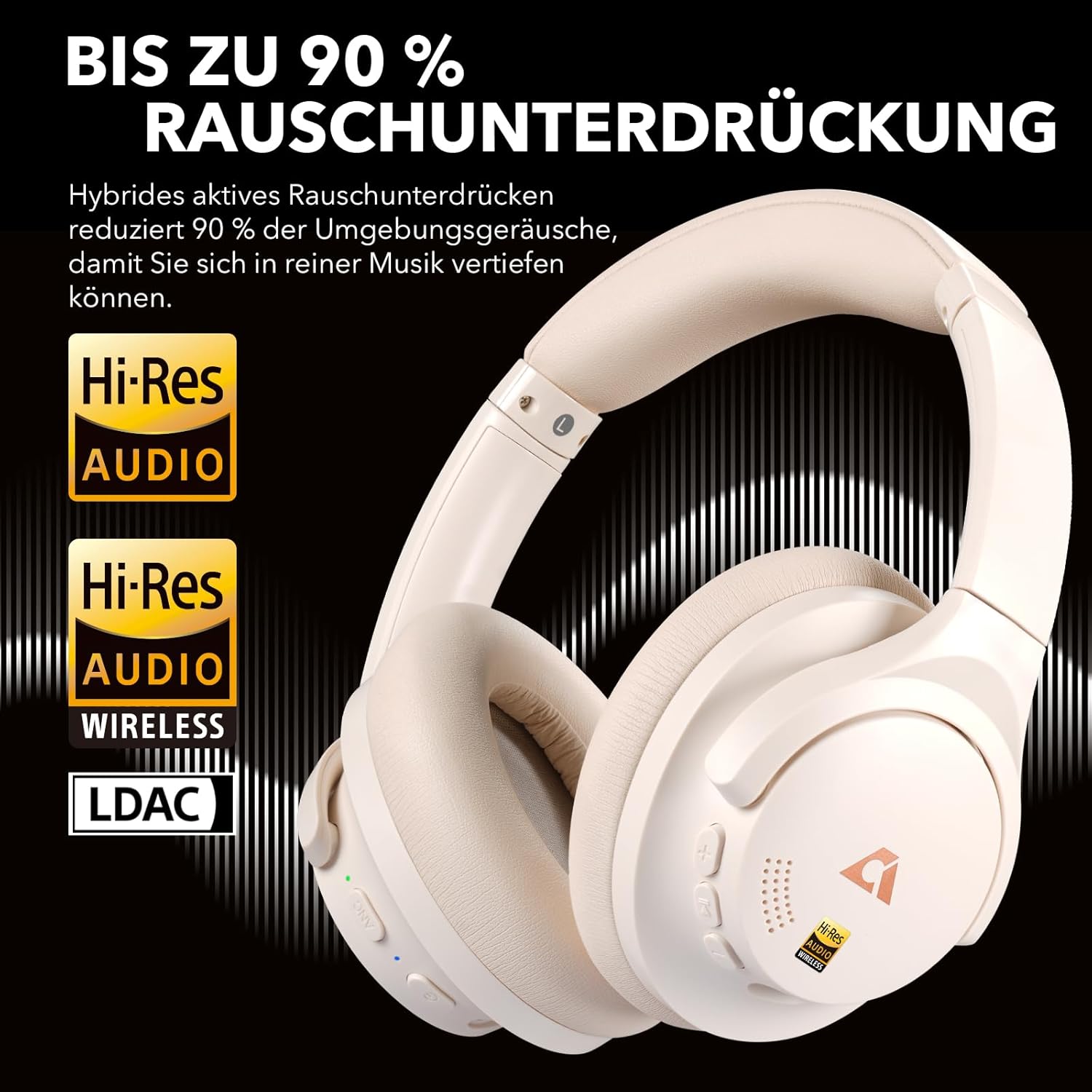Detalle de 1Mii Y8+ Hybrid ANC Over-Ear Kopfhörer – 100 Stunden Laufzeit, LDAC, App-EQ, Bluetooth 6.0, Biege- und Reisekomfort