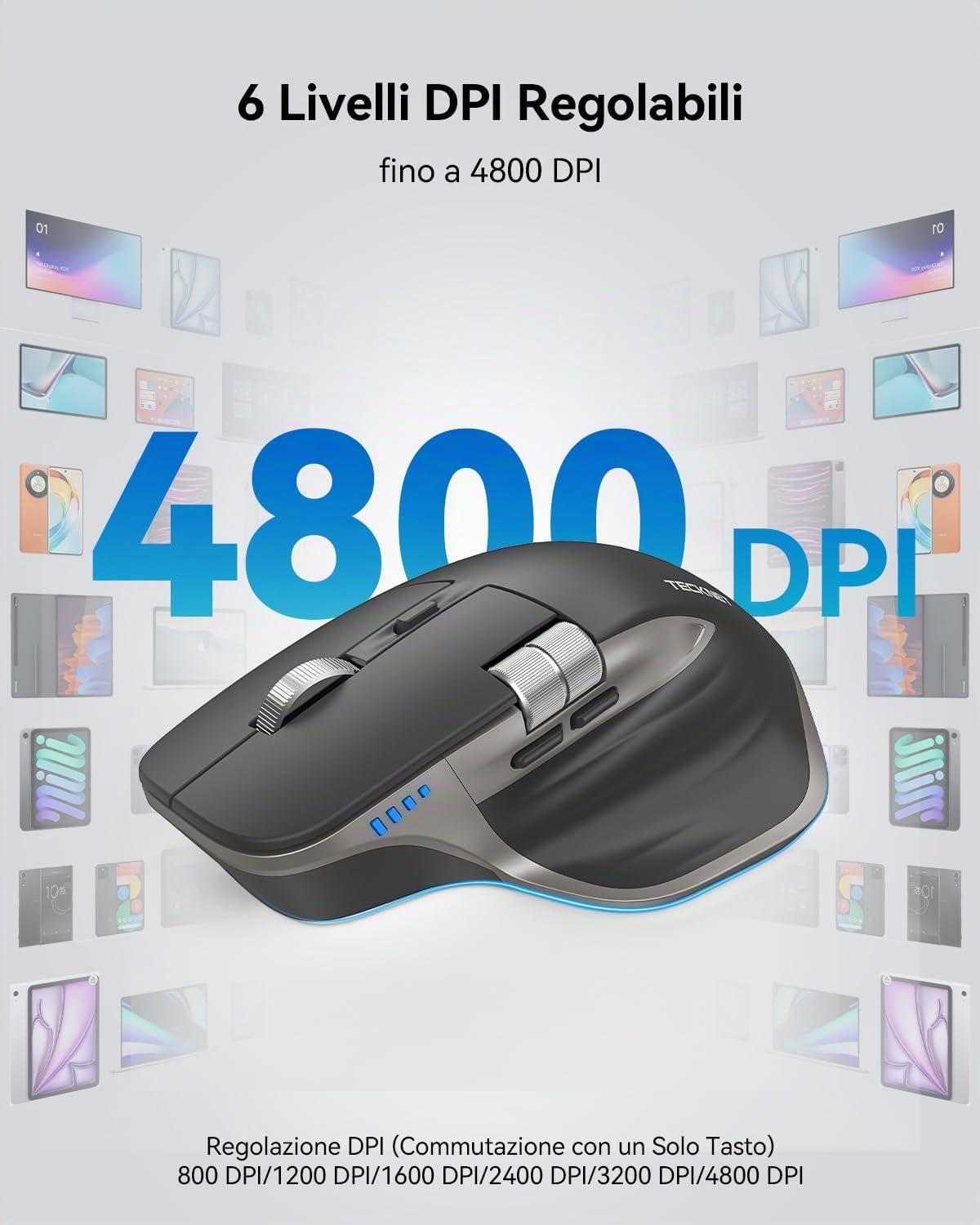 Thumbnail 5 de TECKNET Mouse Wireless Bluetooth ad Alte Prestazioni: 3 connessioni, rotella orizzontale e clic silenzioso