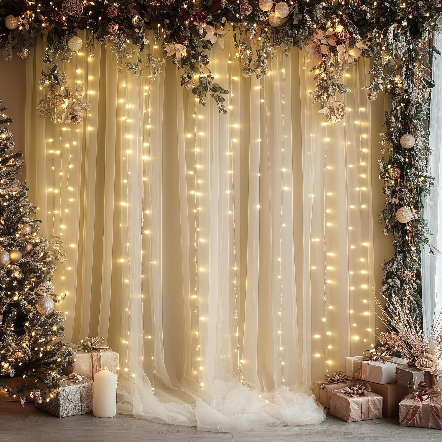 Detalle de Xiomot Tulle Backdrop Curtain with Lights - 4 Panels of 5x8ft Each with USB-Powered String Lights