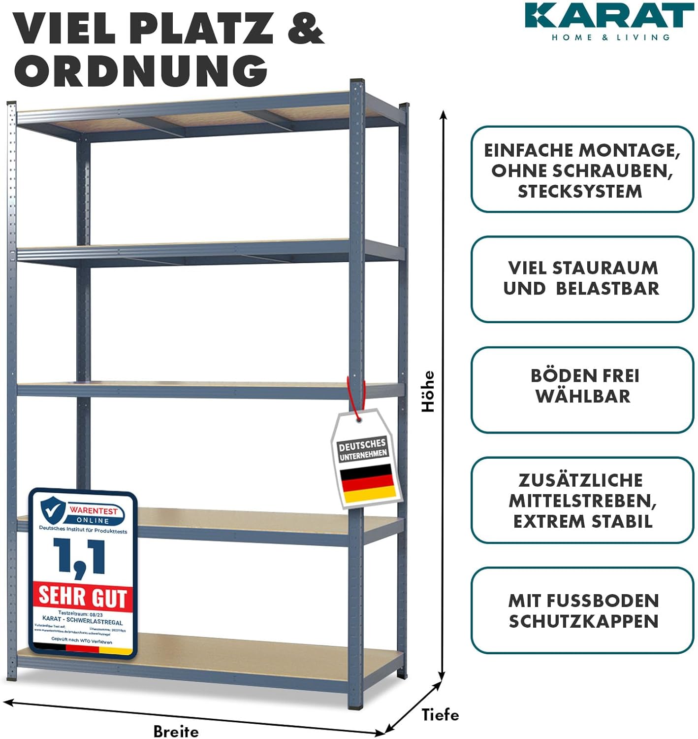 Thumbnail 1 de KARAT Schwerlastregal, 2er Set, 50 x 100 x 200 cm – 5 verstellbare Böden, Grau