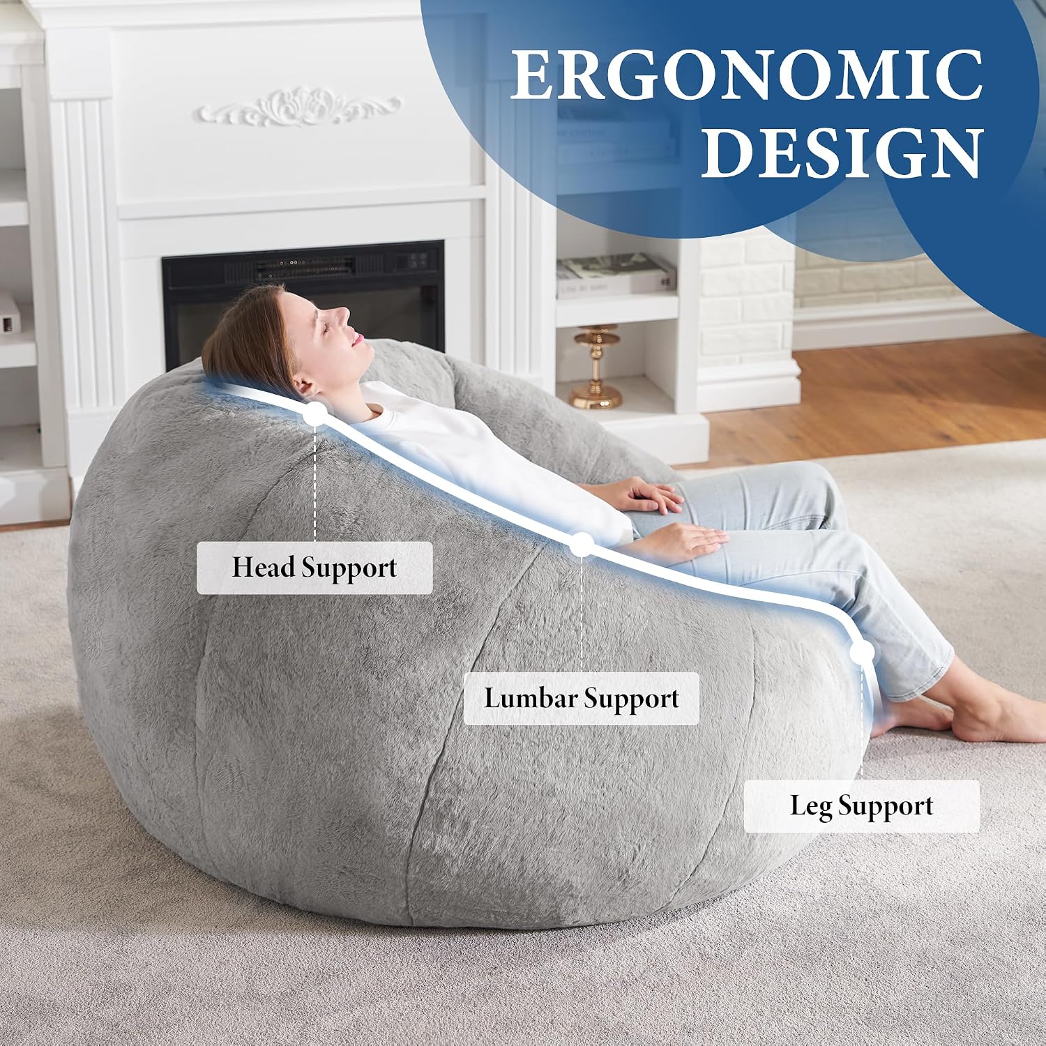 Detalle de Hobestluk 62-608 Donut-Shaped Bean Bag Chair, Grey Faux Fur