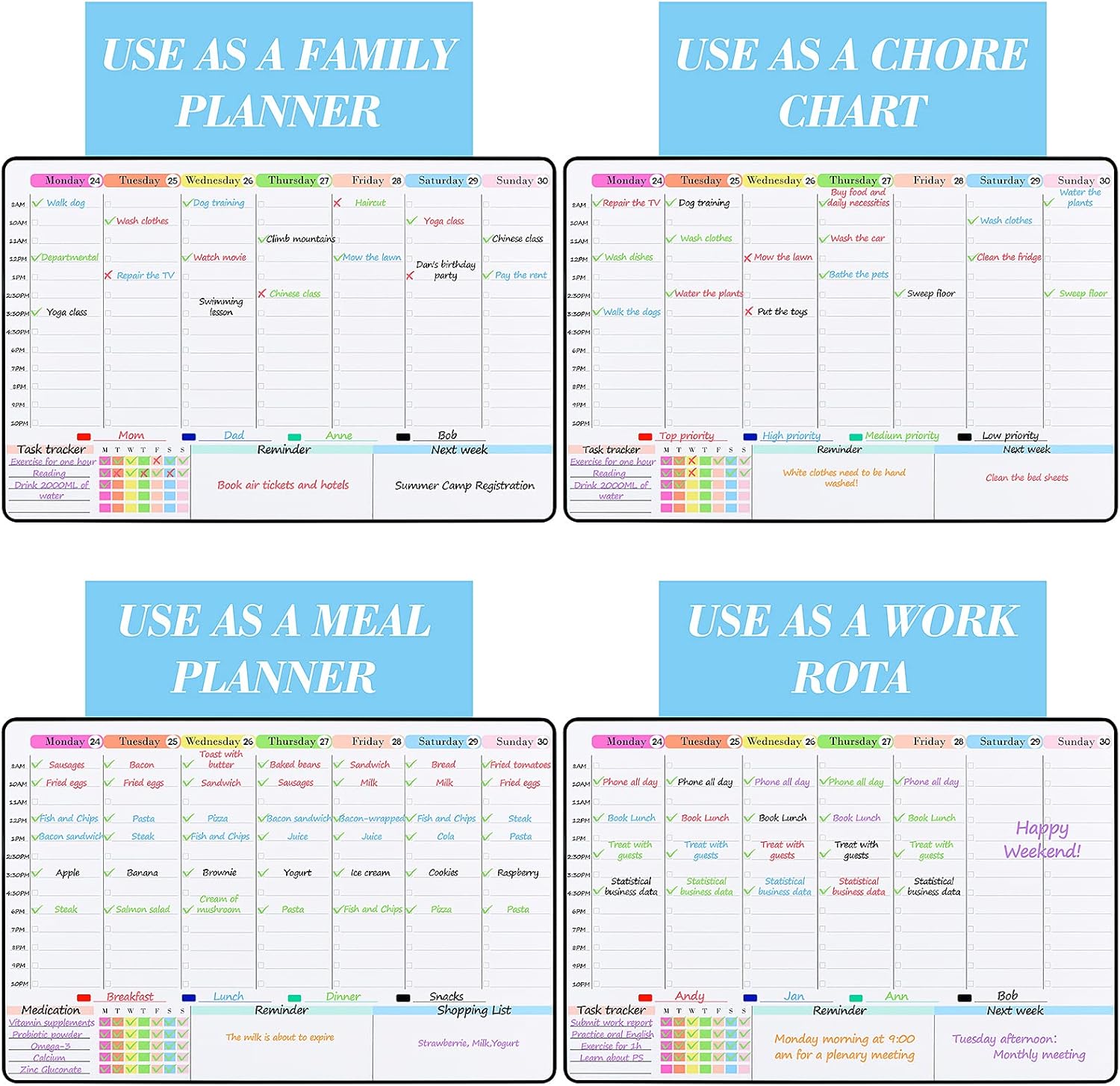 Thumbnail 5 de POPRUN 3 Pack Magnetic Dry Erase Calendar Whiteboard Set for Fridge (A3 family weekly & monthly planner)