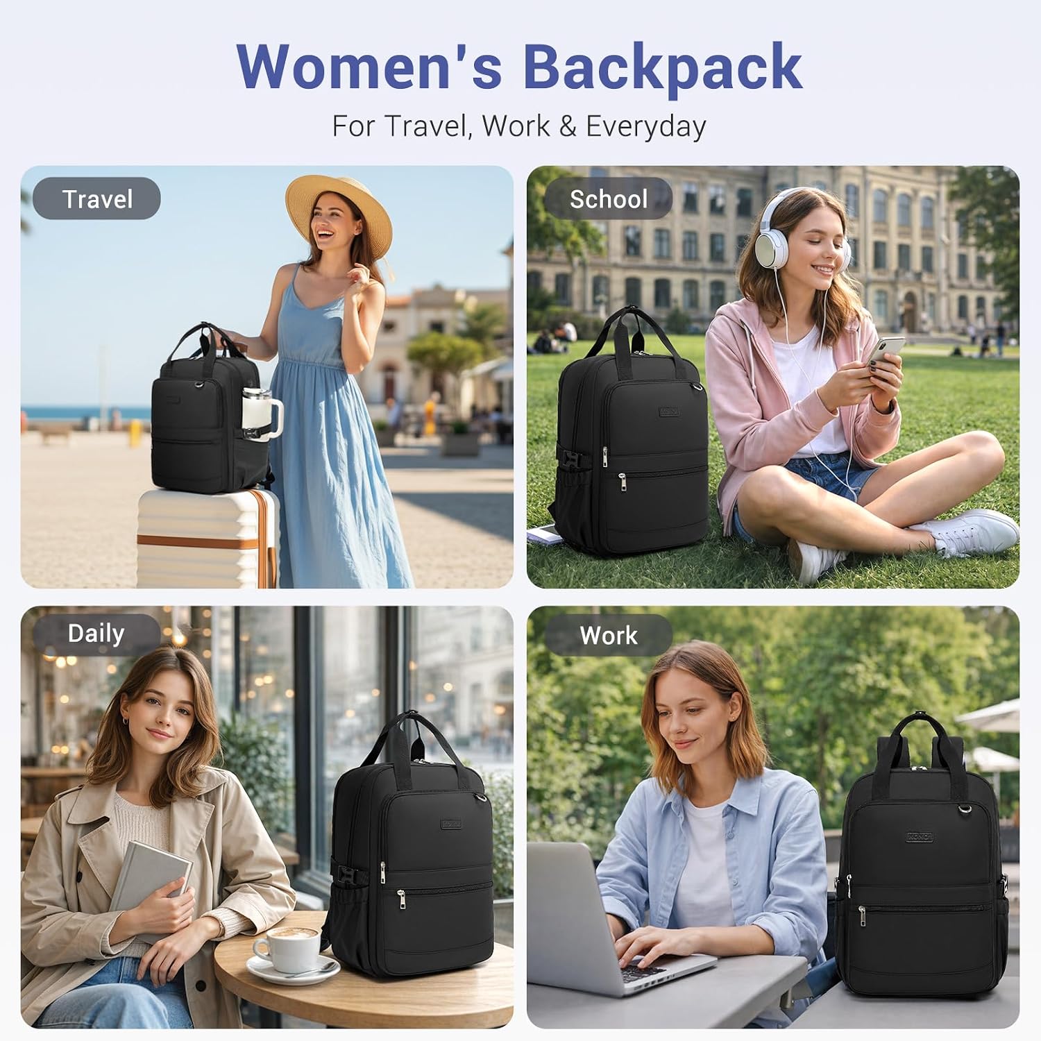 Detalle 2 de Kono Women's Laptop Backpack with Pouch Pocket: Spacious, Water-Resistant Work & Travel Bag for 15.6 Inch Laptops