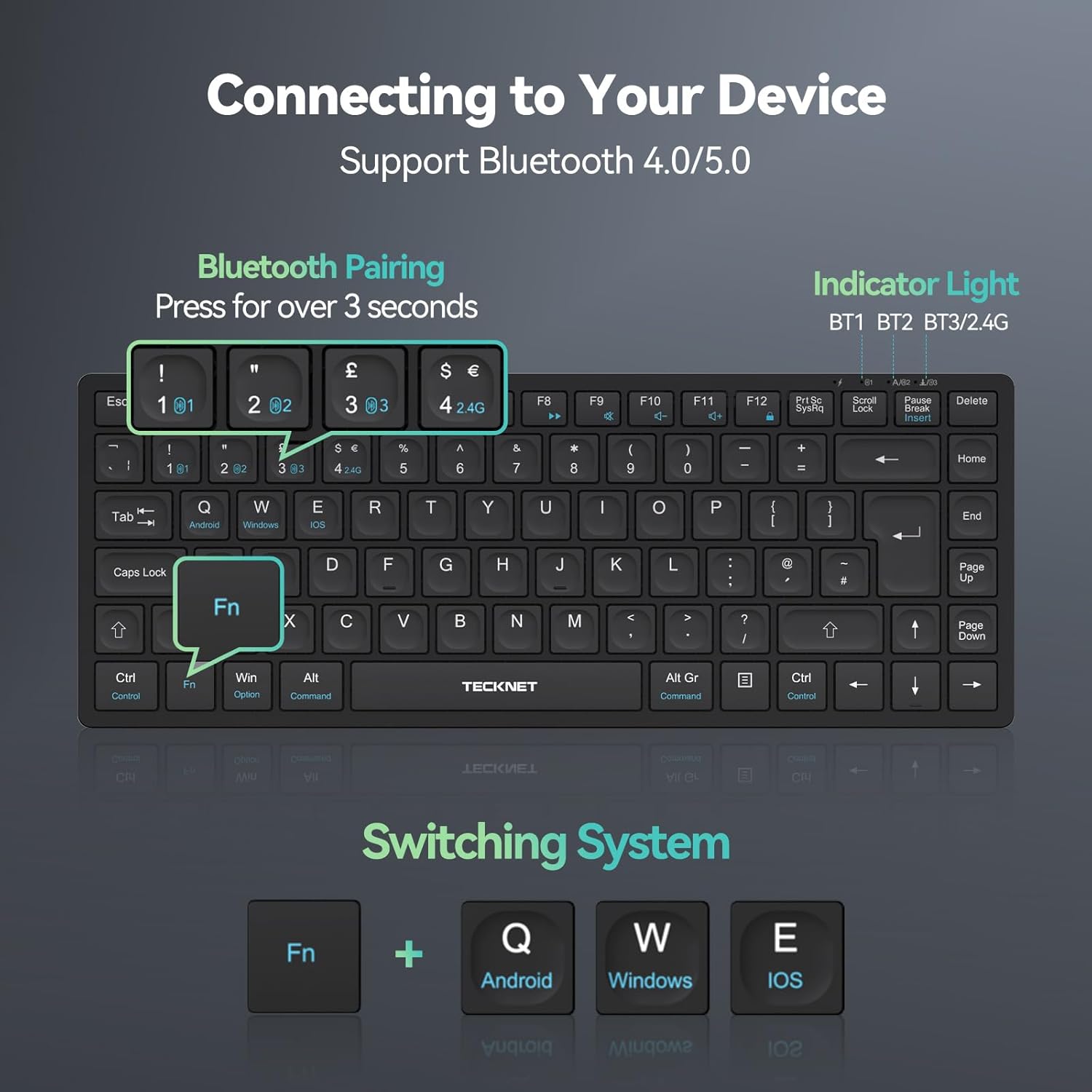 Thumbnail 2 de TECKNET 2.4G Wireless Keyboard (Rechargeable, Bluetooth) – QWERTY UK compact mini keyboard for 4 devices