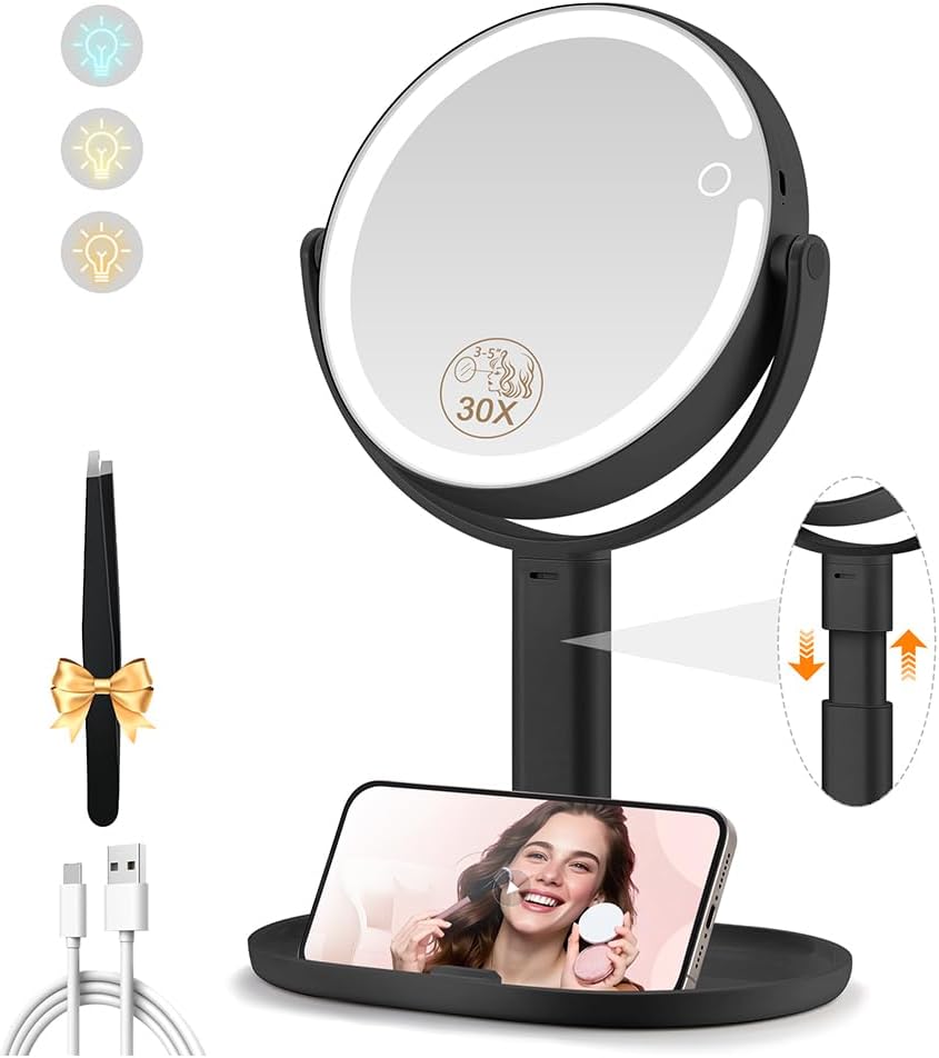 Detalle de MOMOKUBA Lighted Makeup Mirror, 1X/30X Magnification, Rechargeable, 3 Light Modes
