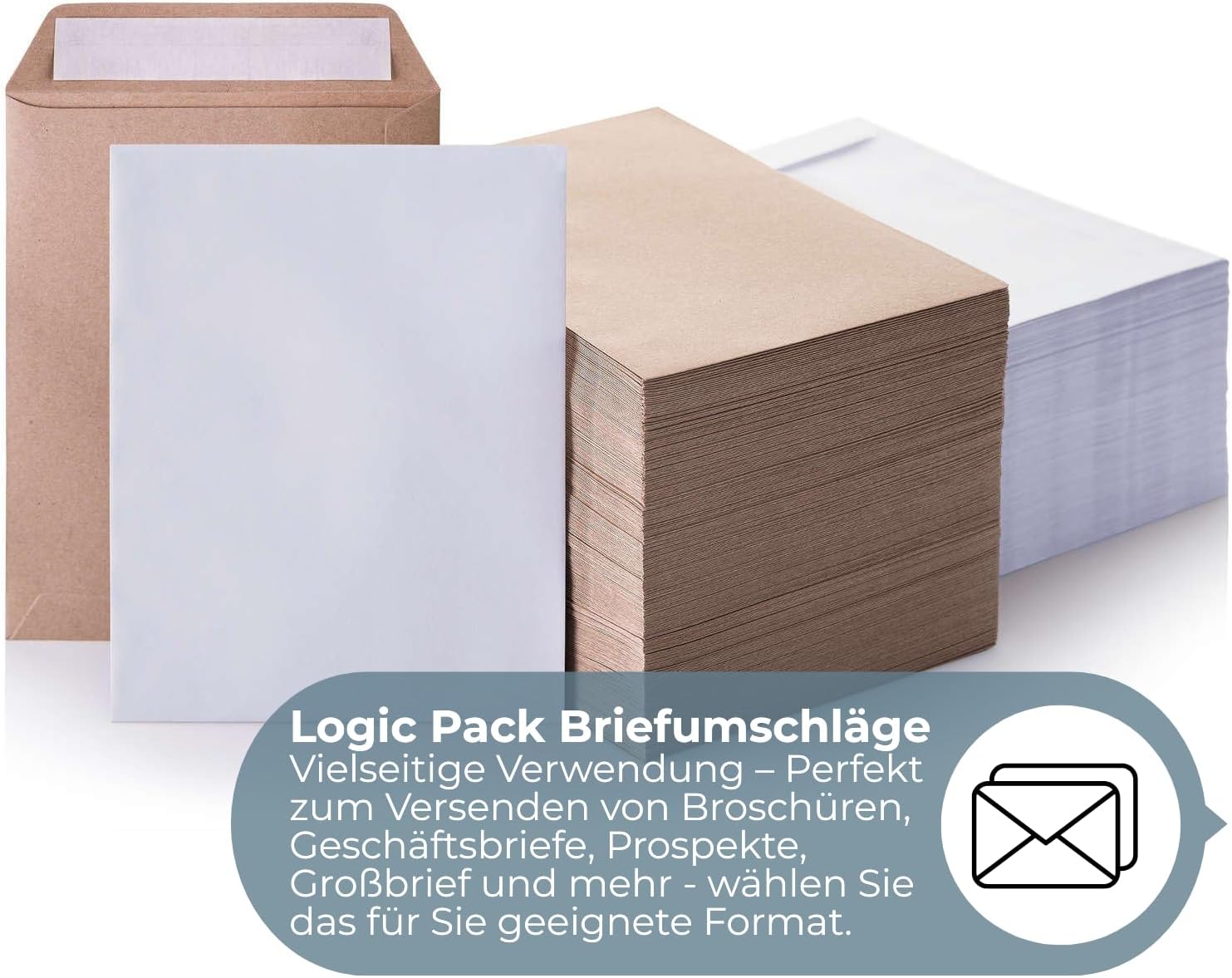 Detalle de LOGIC PACK 100 Briefumschläge DIN B5, weiß, ohne Fenster – selbstklebend (176 × 250 mm, 80 g/m²)