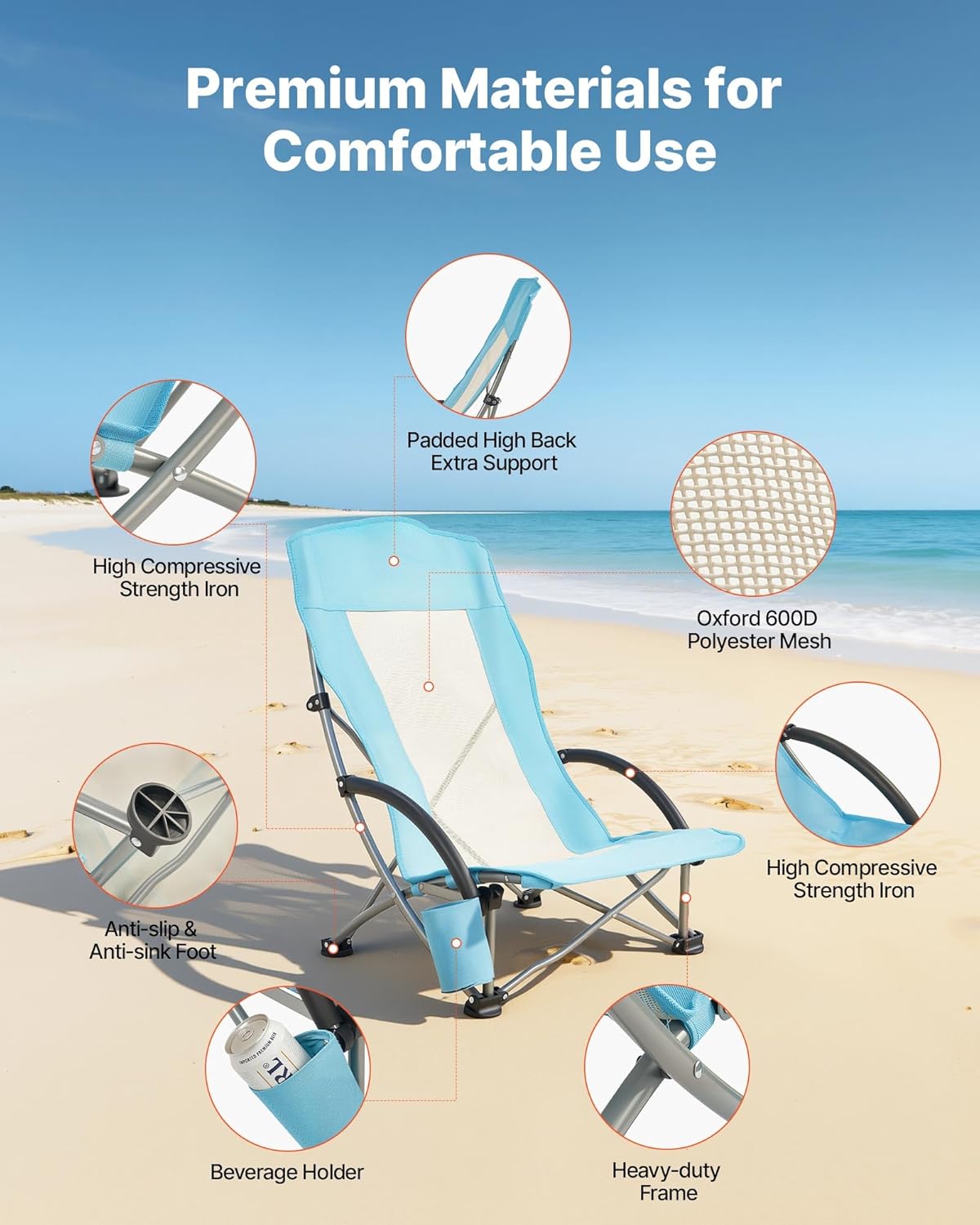 Thumbnail 4 de VEVOR Folding Beach Chair: High Back, Heavy-Duty 330 lbs, 2-Pack (Light Blue)