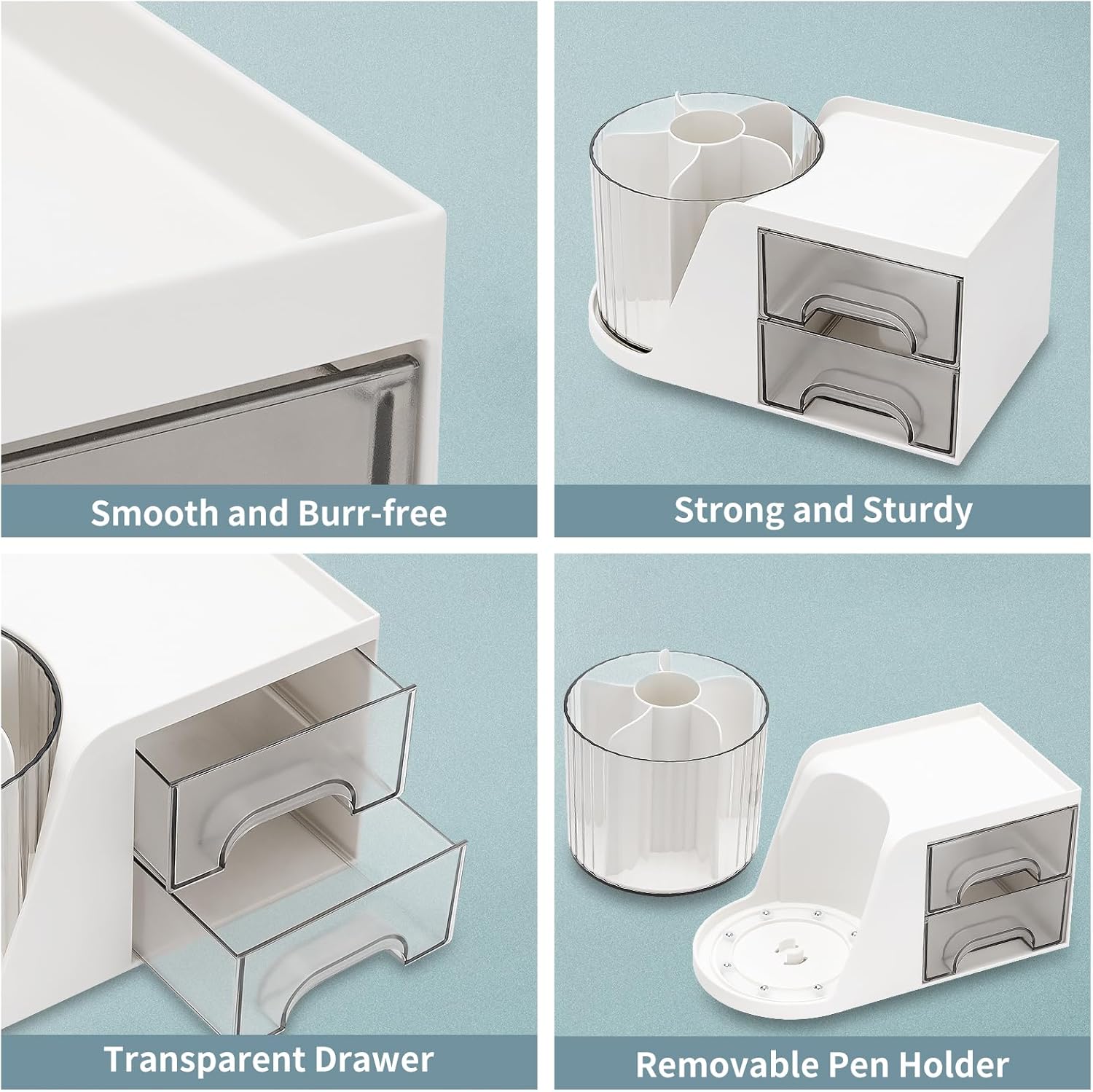Detalle de RISEMART Drehbarer Schreibtischorganizer mit 2 Schubladen – 4 Fächer, Stifthalter und oberes Regalorganizer