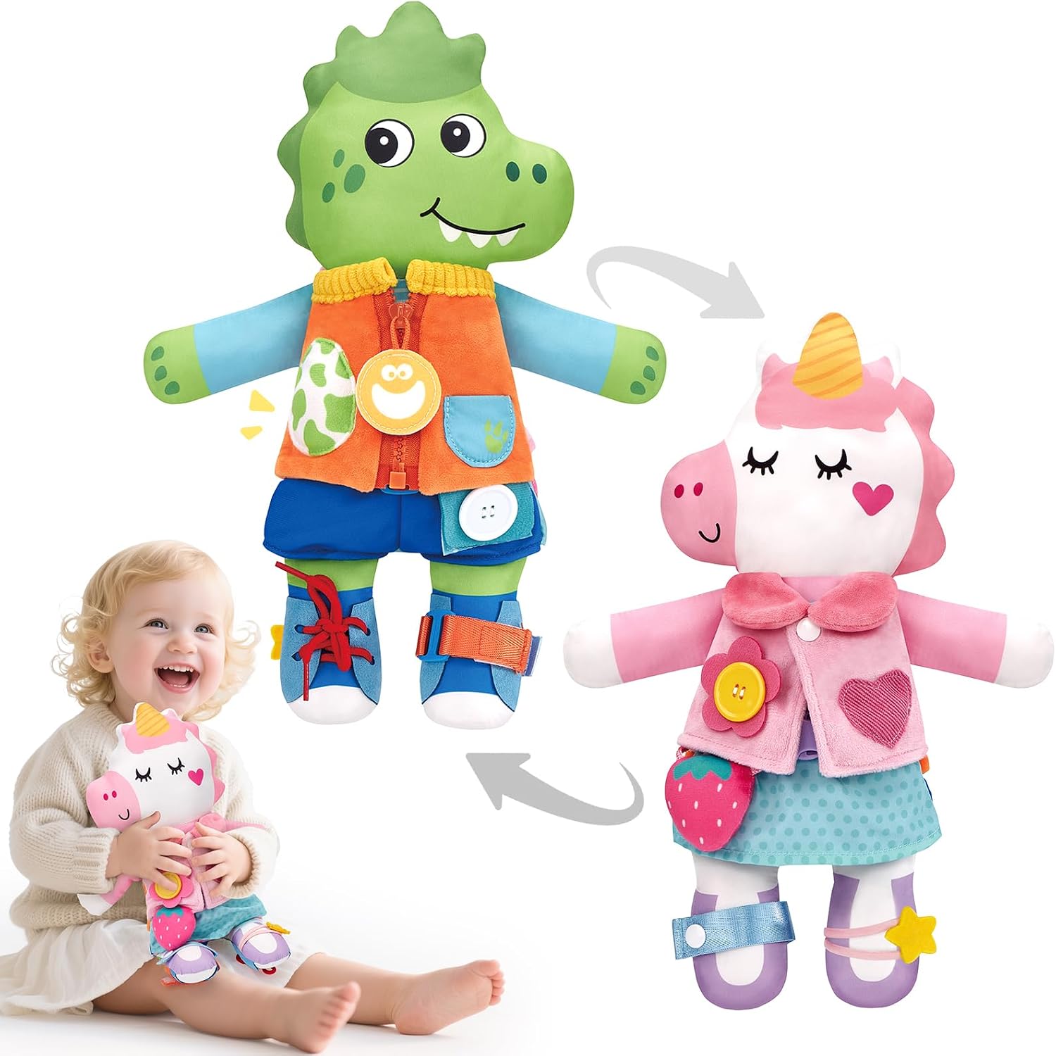 Detalle de hahaland Montessori Doppelpuppe Dino-Einhorn mit 15 Alltagsfähigkeiten (ab 1 Jahr)