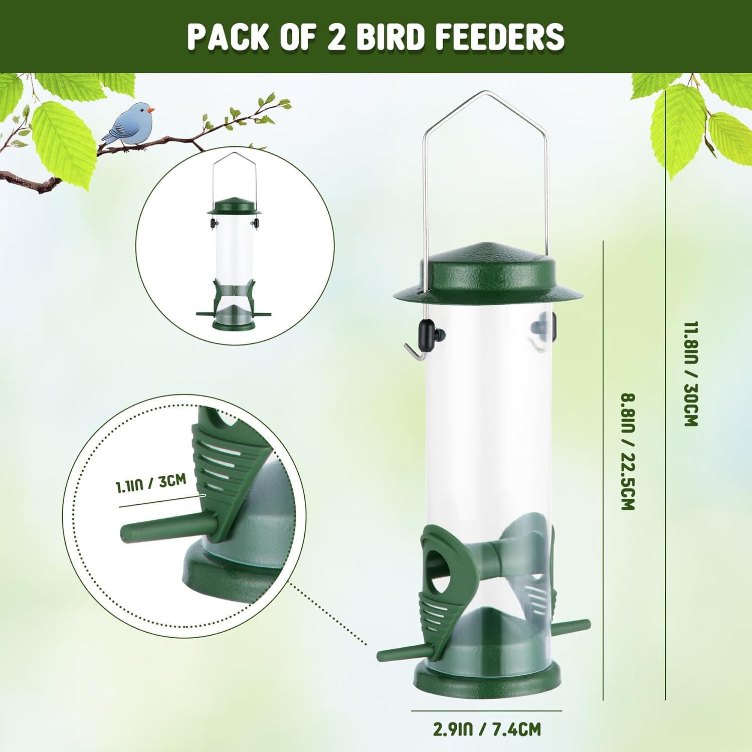 Detalle 2 de Bird Feeders Hanging Bird Feeder for Outdoor Metal Wild Bird Feeding (2 Pack) – Green squirrel-proof design