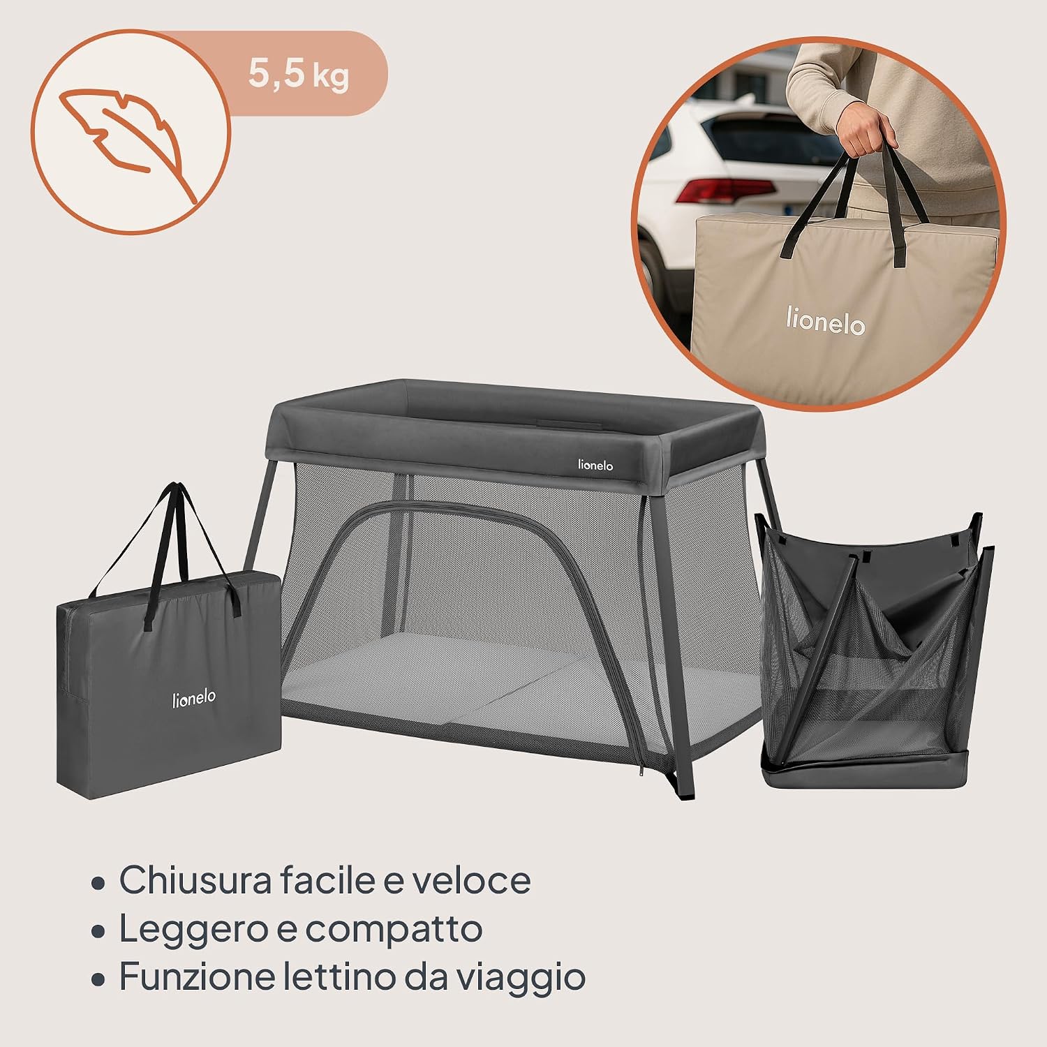 Thumbnail 3 de Lionelo Alice Lettino da Viaggio 3 in 1: culla co-sleeping e box gioco pieghevole 104×70 cm