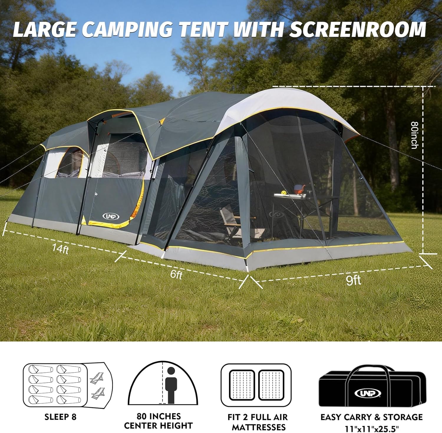 Thumbnail 2 de UNP Camping Tent 8 Person Waterproof Big Tunnel Tent with Screen Porch (20' x 9' x 80" H)