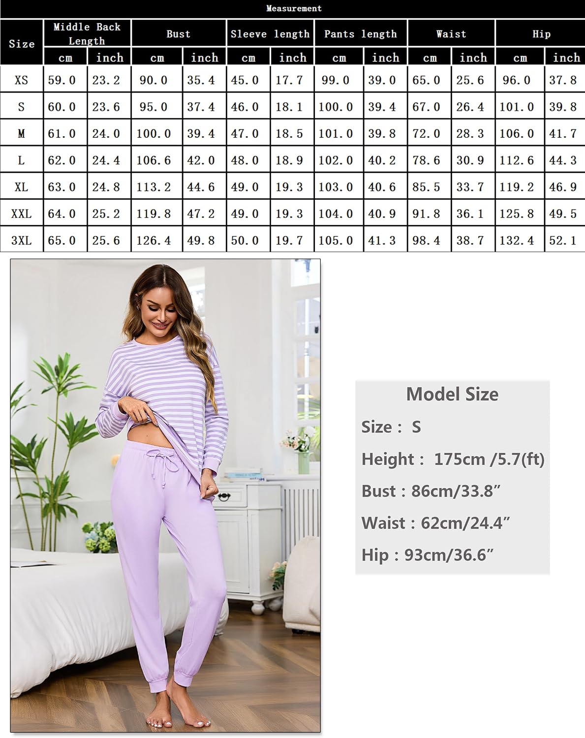 Detalle de Bresdk Ensemble Pyjama Femme en Coton – Pyjama d’Hiver rayé à col rond