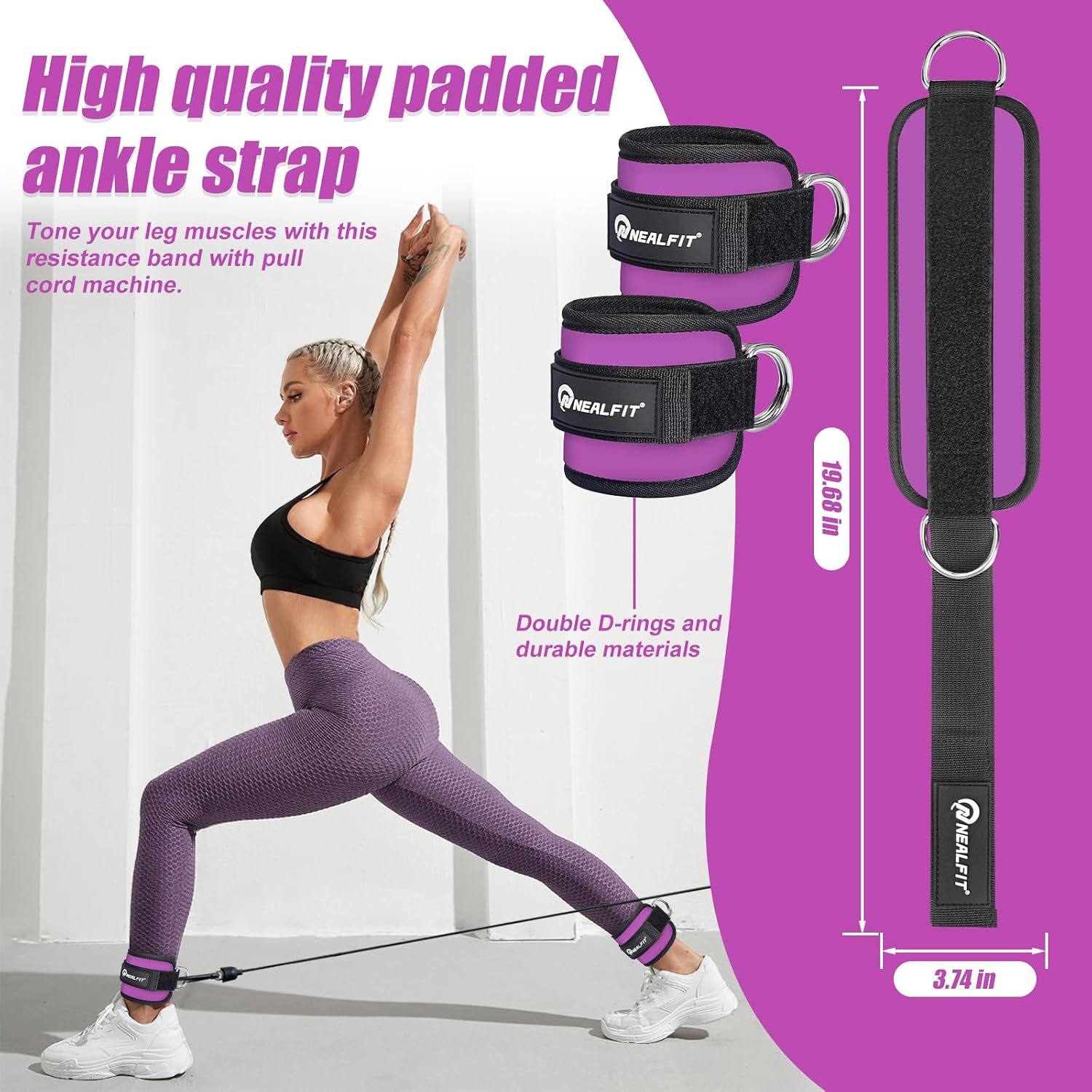 Detalle 2 de NEALFIT Ankle Straps for Cable Machines, 7 mm Neoprene, Purple Pair