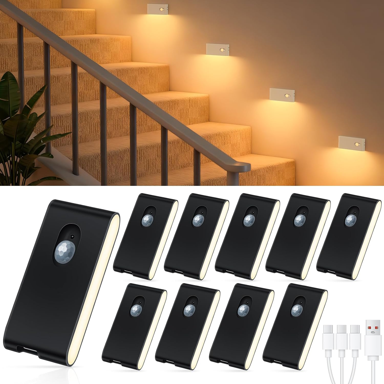 Detalle de WILLED Treppenlicht mit Bewegungsmelder – 10 Stück, kabellos, 2700K Warmweiß, 500 mAh Akku