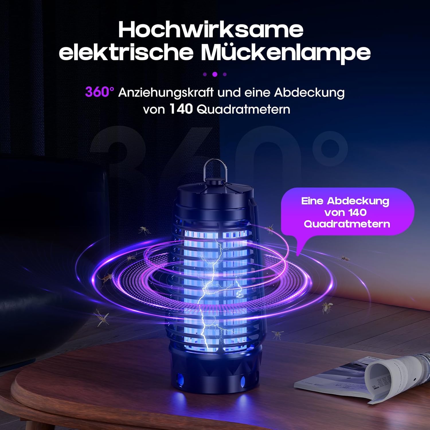 Detalle de Insektenvernichter Elektrisch mit UV-Lampe – IPX4 Mückenfalle für Innen & Außen