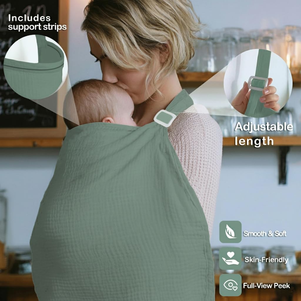 Detalle 2 de MUGVELL Roman Green XL Muslin Nursing Cover with Arch Neckline and Pocket