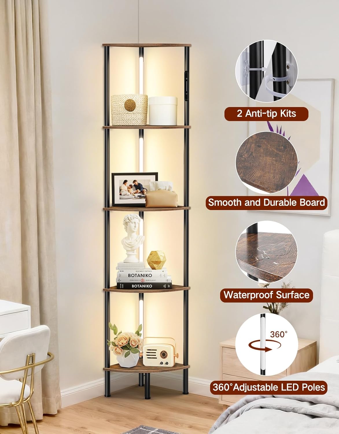 Detalle de OUTONLIFE LED Floor Lamp with Shelves (Rustic Brown) – 3 Colour Temps, Touch & Remote