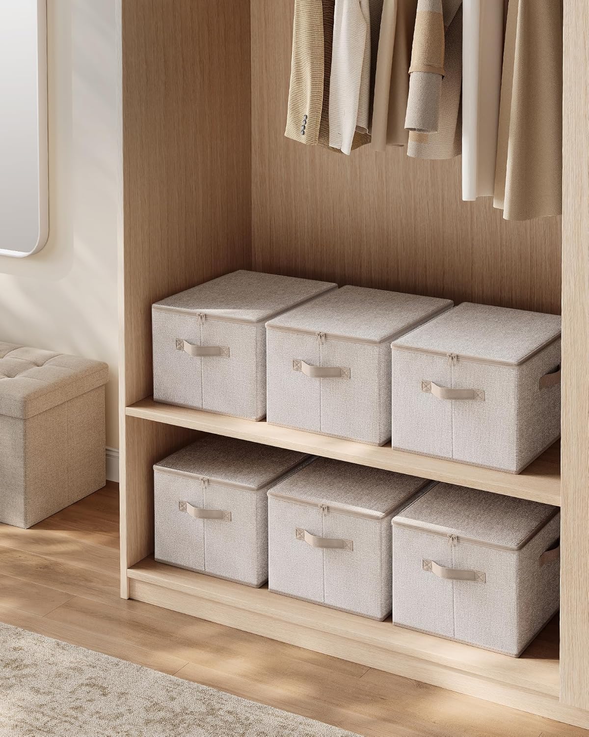 Detalle 2 de SONGMICS Foldable Storage Organiser Boxes (Set of 3) with Lids, Handles, Sand Beige RZB003K01