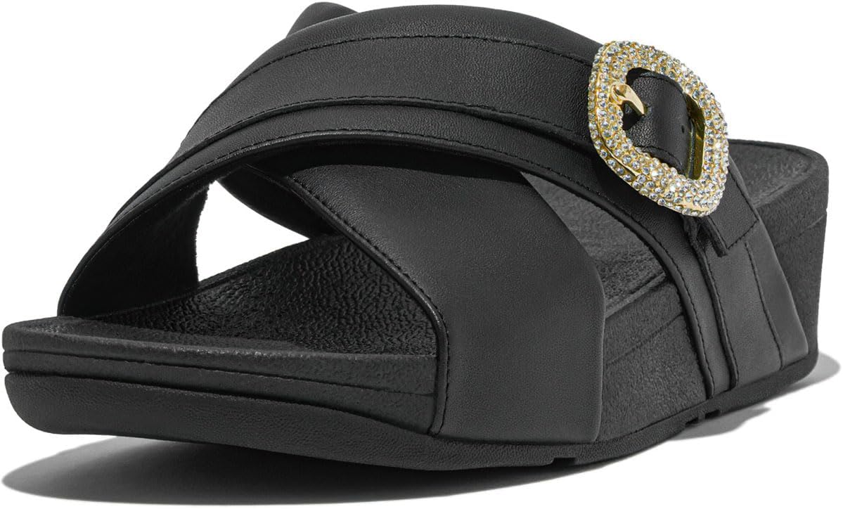 Detalle de Fitflop Lulu Claquettes Croisées en Cuir Métallique avec Boucle en Cristal — Sandales Femme