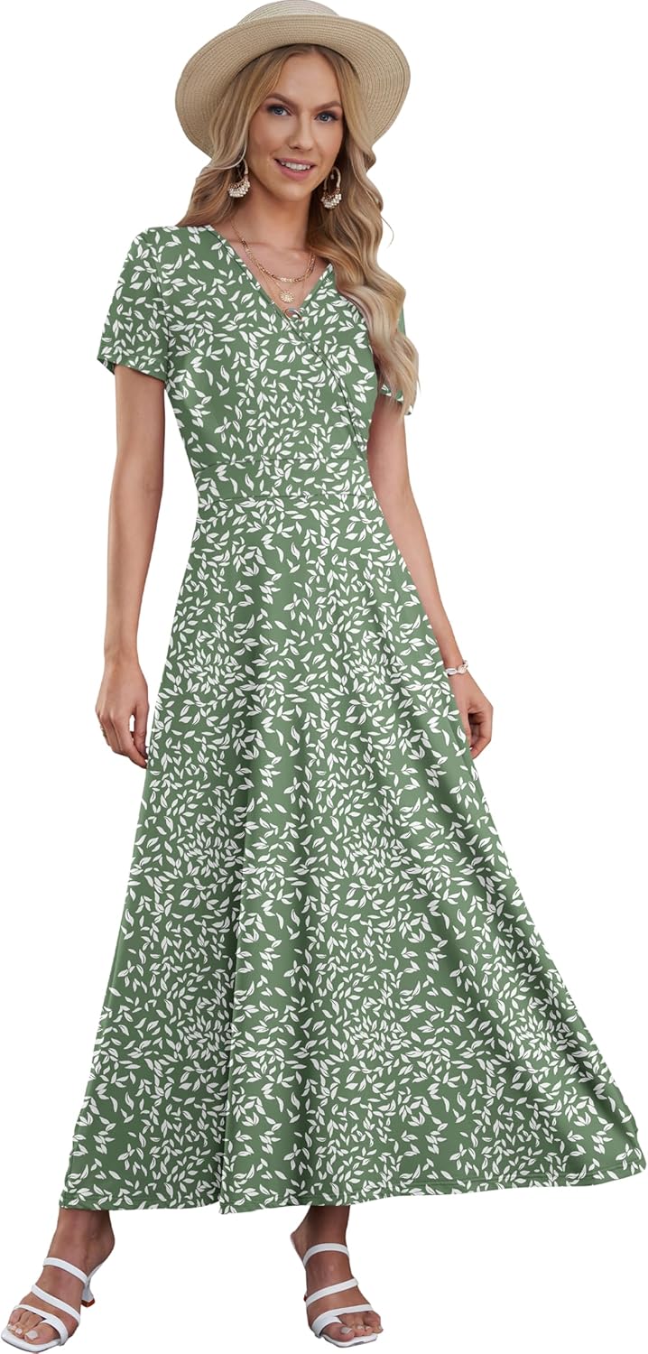 Detalle de Robe Longue Femme AUSELILY – Col en V, manches courtes, taille haute, poches