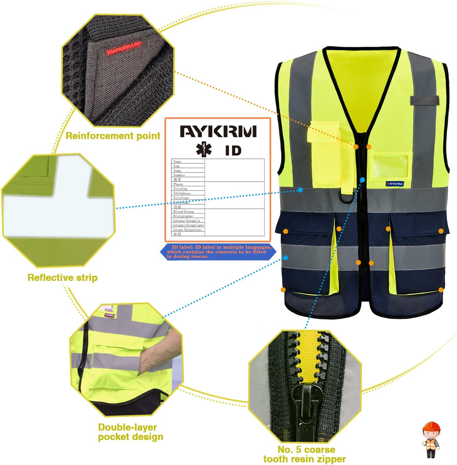 Detalle de AYKRM Sicherheitsweste mit reflektierenden Streifen – Warnschutz-Warnweste mit Reißverschluss und Taschen (21 Farben)