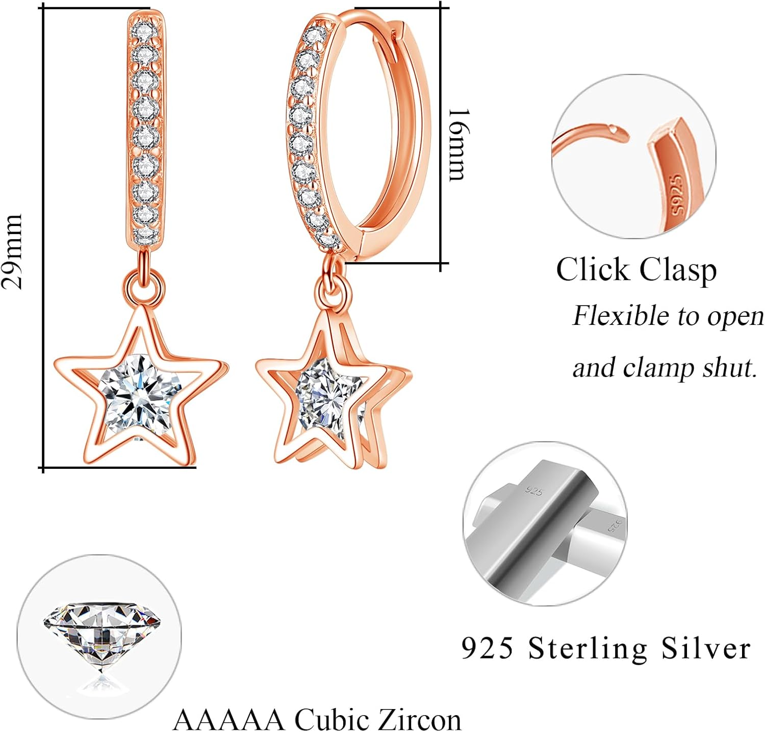 Detalle de Kamise Creolen Silber Ohrringe hängend aus 925 Sterling Silber mit Stern-, Herz- und Schmetterling-Anhänger