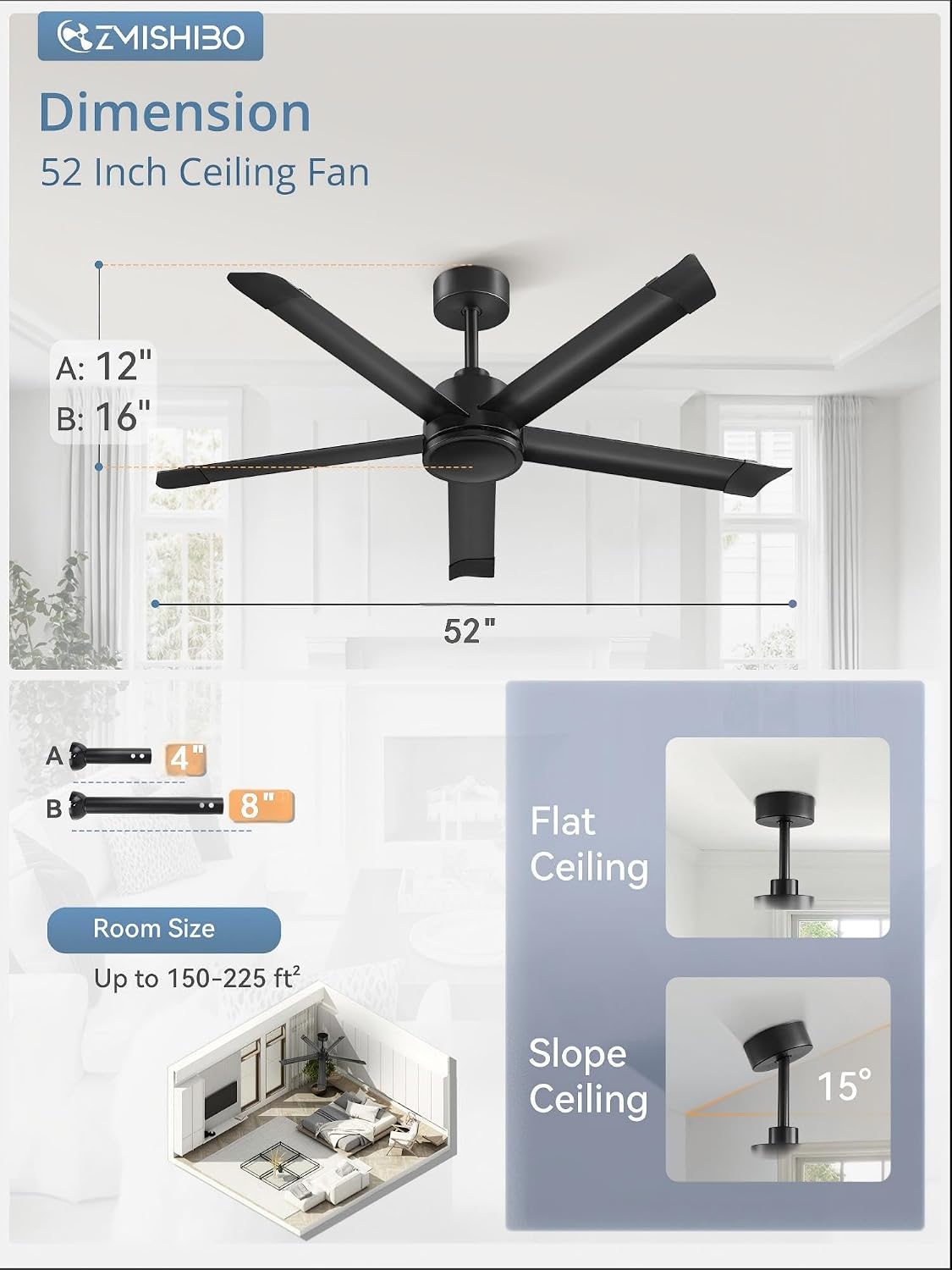 Detalle 2 de ZMISHIBO Ceiling Fan 52 Inch