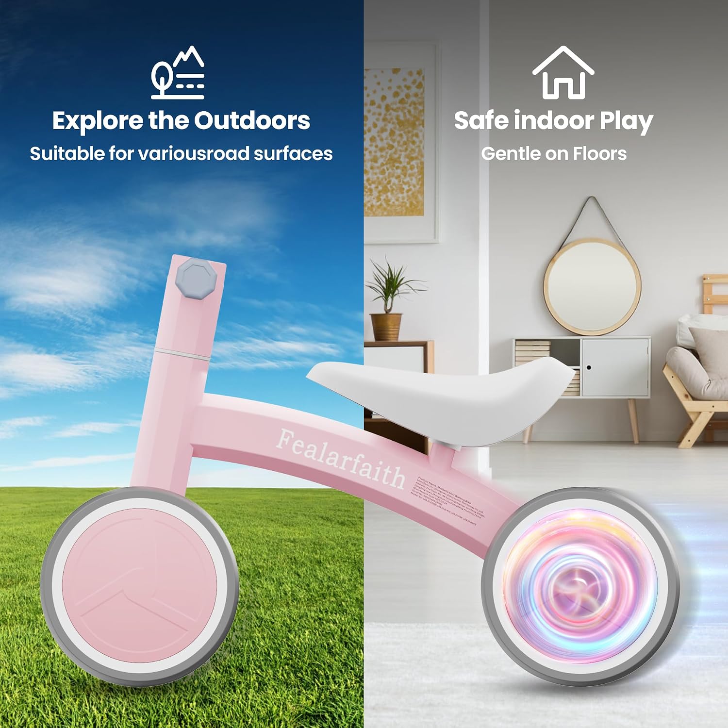 Thumbnail 6 de Fealarfaith Baby Balance Bike (Baby Pink) for 10–36 Months — LED Lighting Wheels, 4-Wheel Toddler First Bike