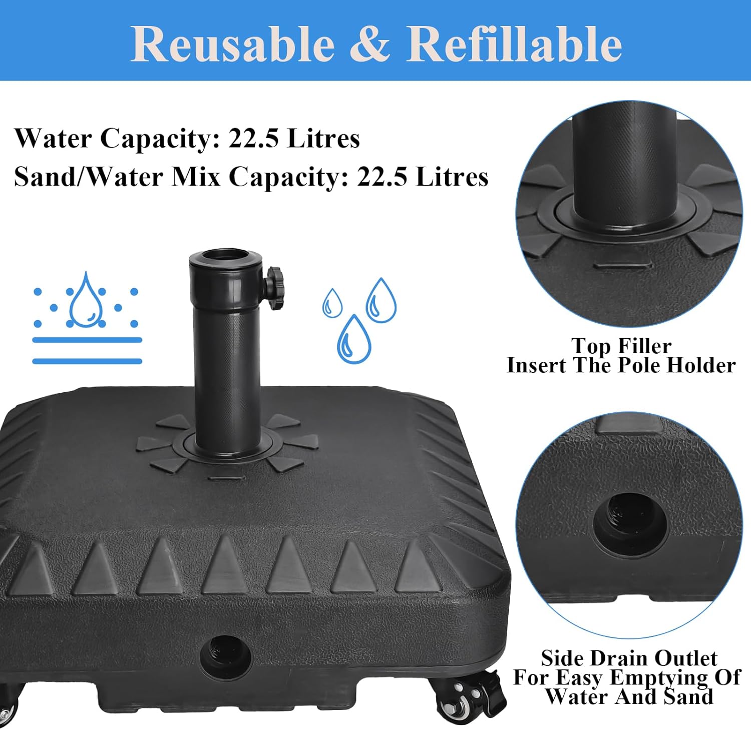 Thumbnail 3 de 23L Parasol Base with Wheels — Heavy Duty Fillable Outdoor Base for 35–48mm Poles