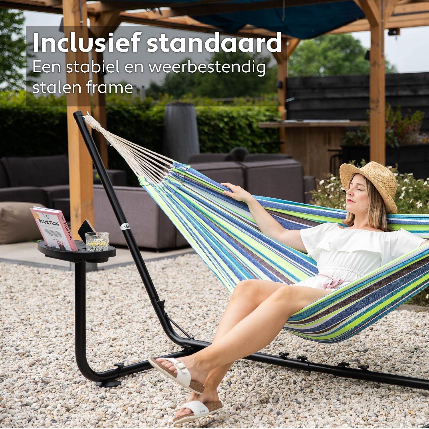 Detalle 2 de VITA5 5356764 hangmat met standaard, verstelbaar frame en katoenen mix