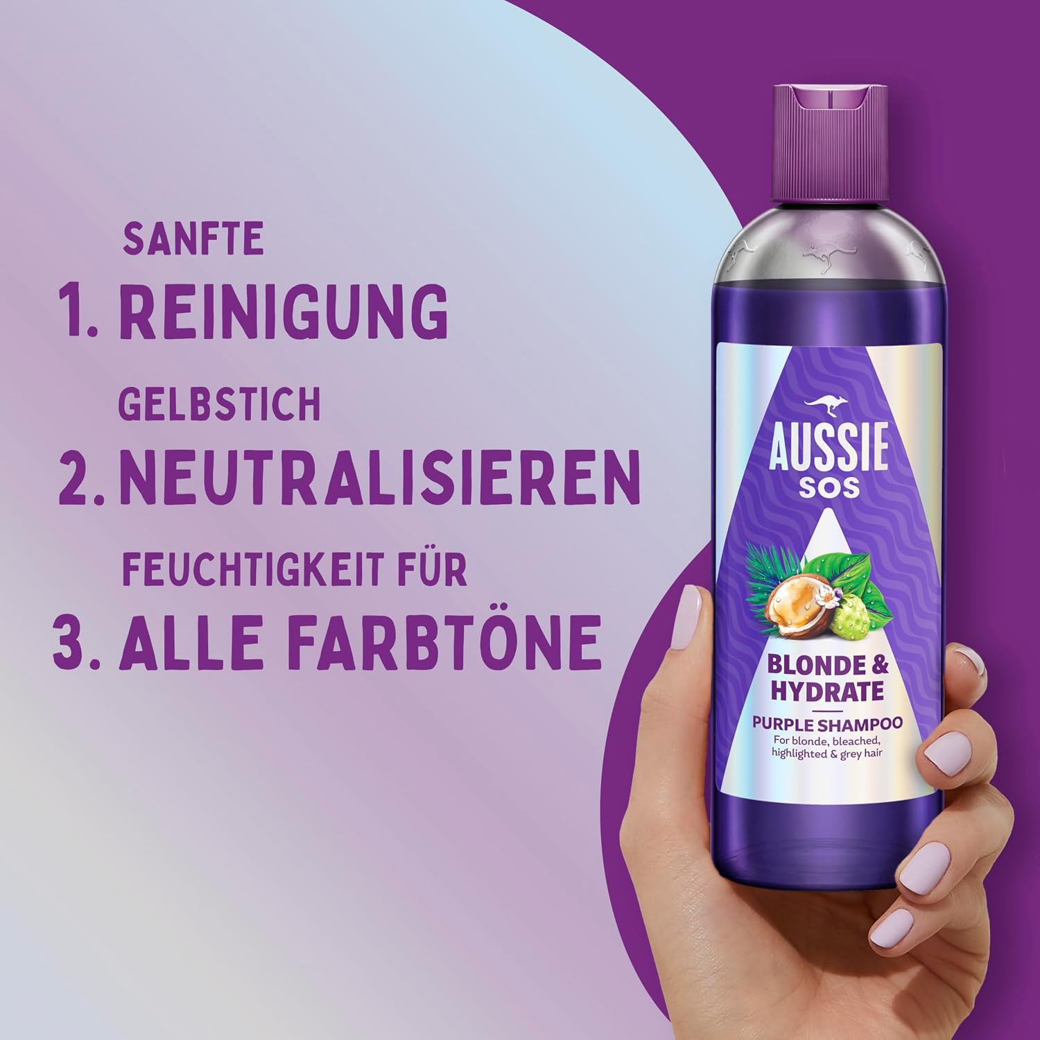 Detalle de Aussie SOS Blonde & Hydrate Lila Shampoo 500 ml für blondes, graues und gesträhntes Haar