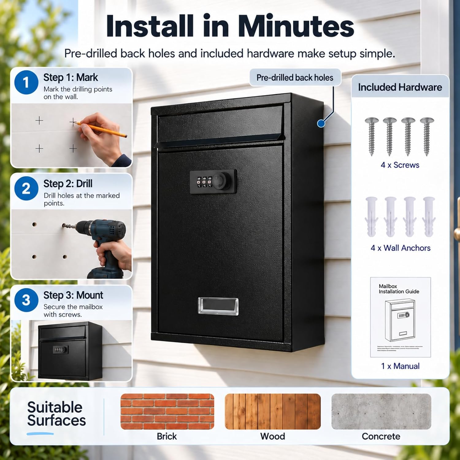 Thumbnail 6 de KYODOLED 30 Wall-Mount Mailbox with 3-Digit Combination Lock, Black Steel