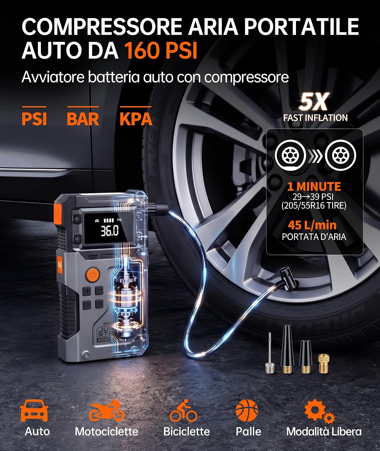Detalle de Avviatore Batteria Auto 6000A con Compressore 160 PSI – Booster Portatile per 12V (gas/diesel) con LCD e USB