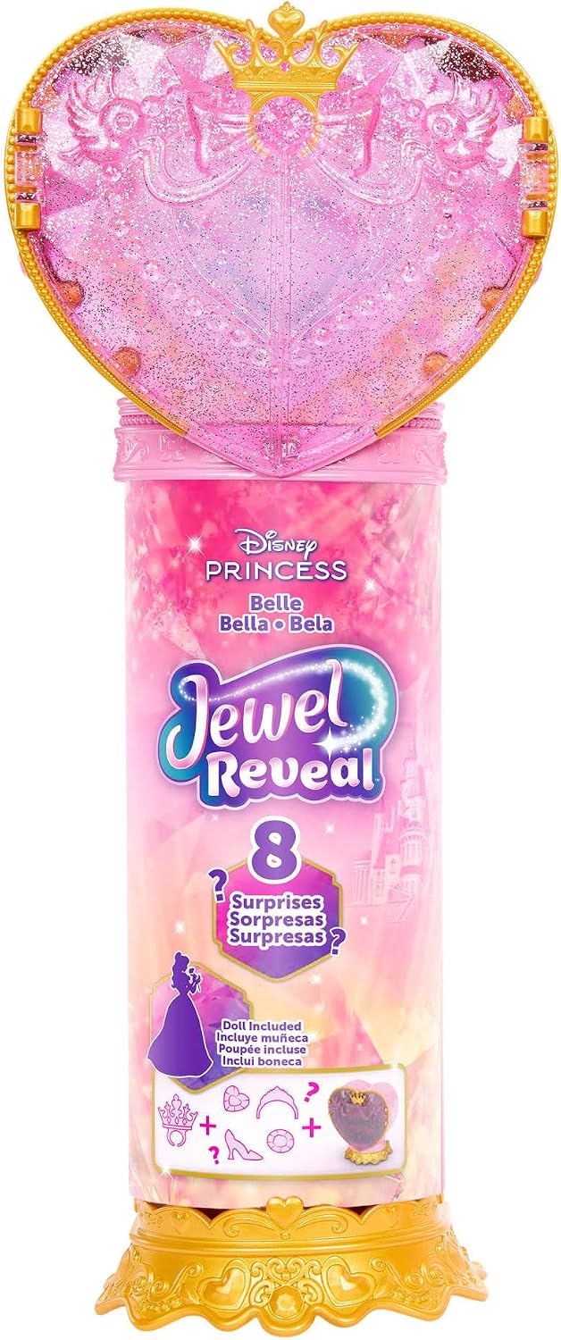 Detalle de Mattel Disney Princess Belle Jewel Reveal – Bambola con cuorito portagioie e gioielli, 3+ anni