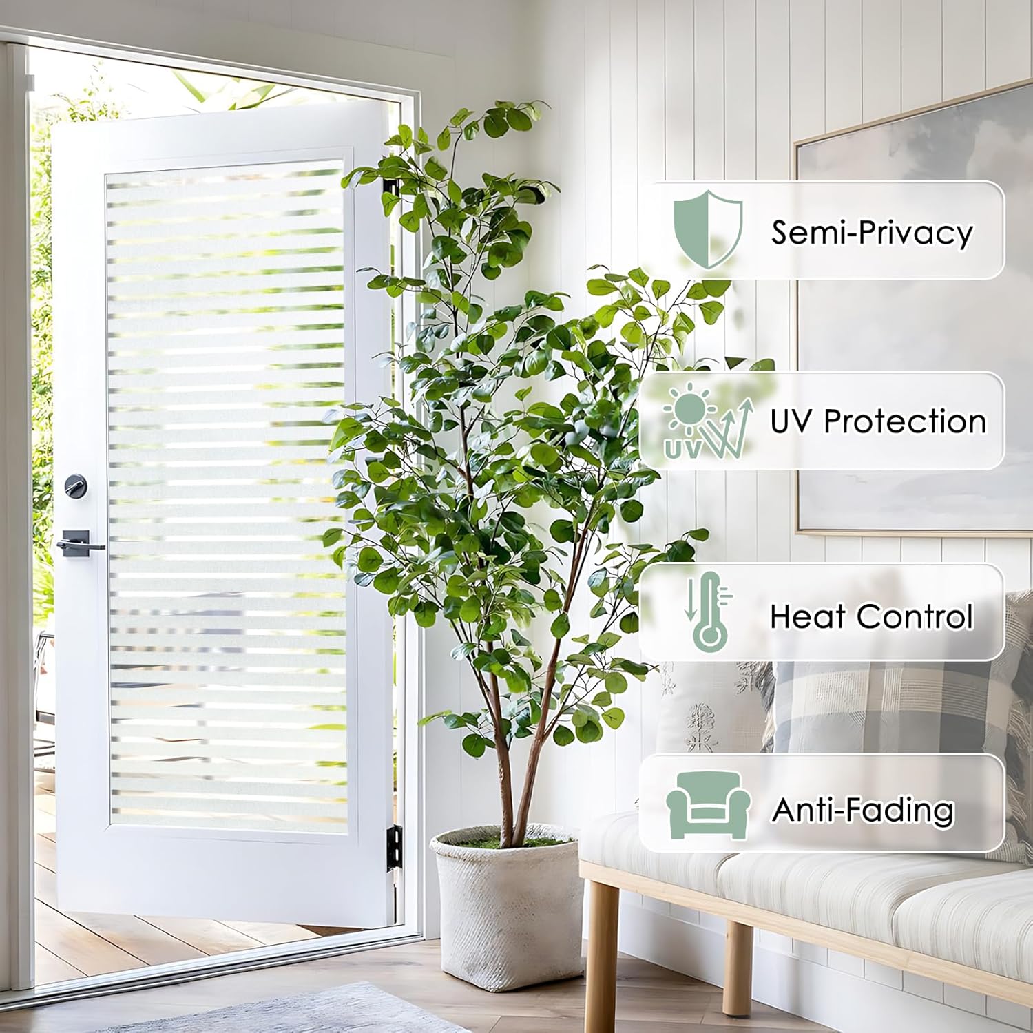 Thumbnail 5 de rabbitgoo Privacy Window Film (Frosted Stripe Pattern) Static Cling Glass Sticker for Glass Windows, 44.5 x 200 cm