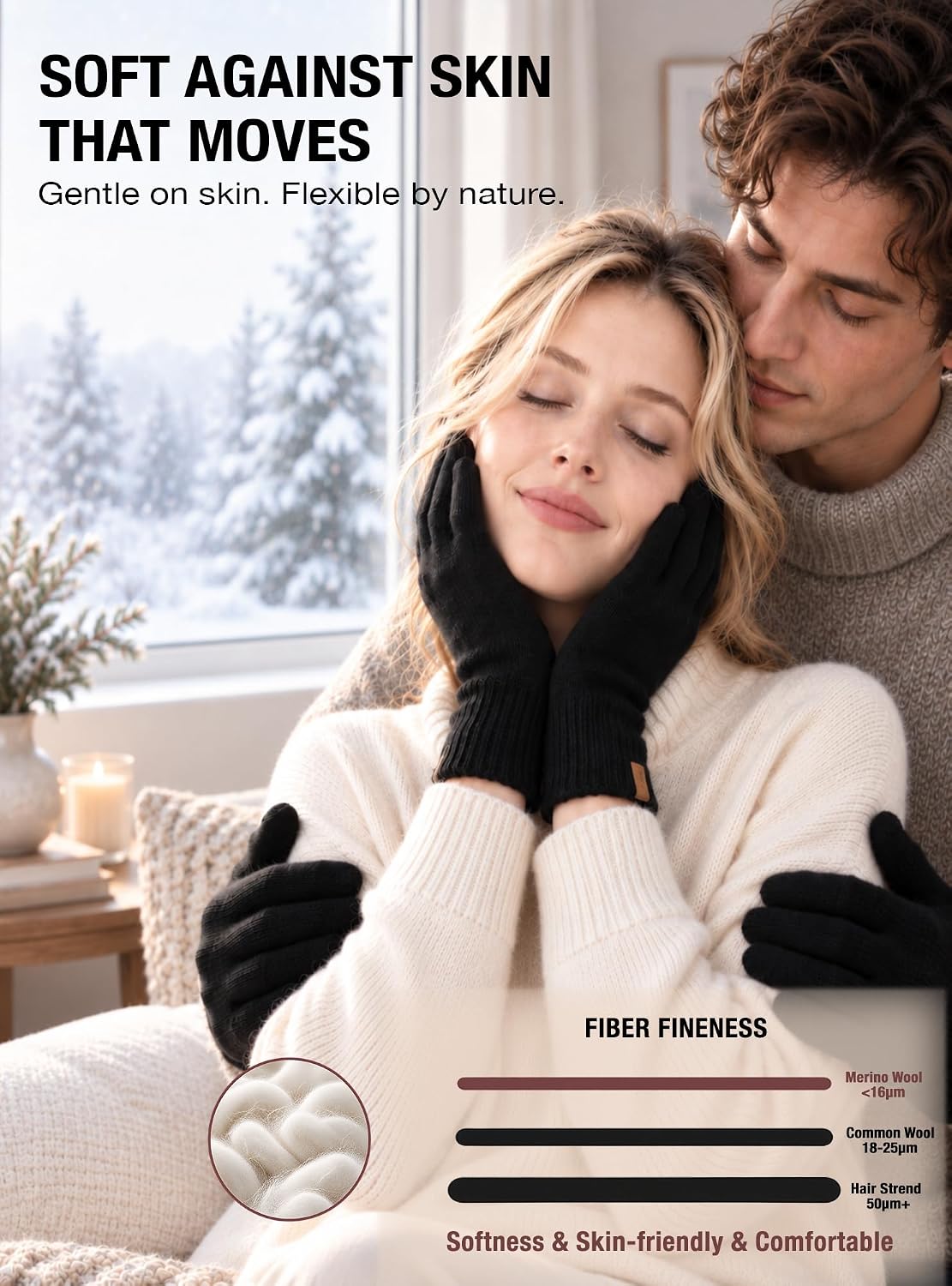 Detalle de WHIXODX Merino Wool Winter Gloves with Touchscreen Use and Moisture-Wicking Comfort