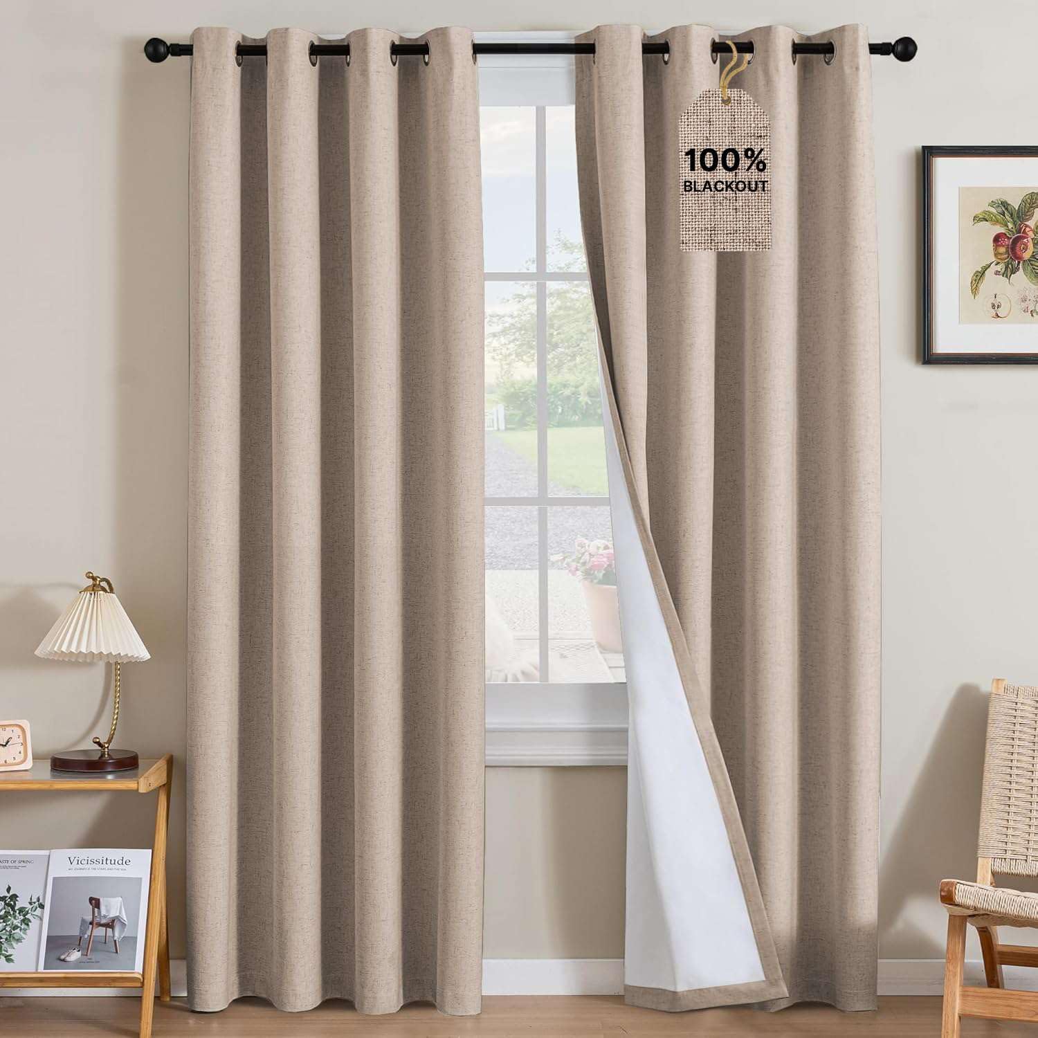 Detalle de H.VERSAILTEX Linen 100% Opacity Blackout Curtains, 2 Panels, 102" Long with Nickel Grommets