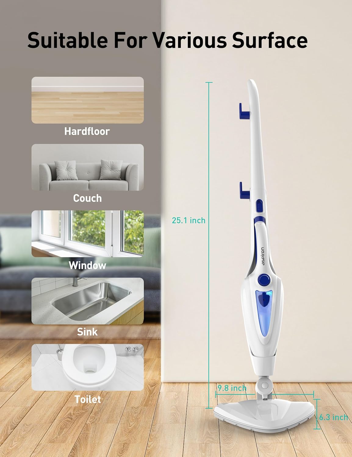 Detalle de Aspiron AS-CA039 12-in-1 Steam Mop, 1500W, 385 mL Tank