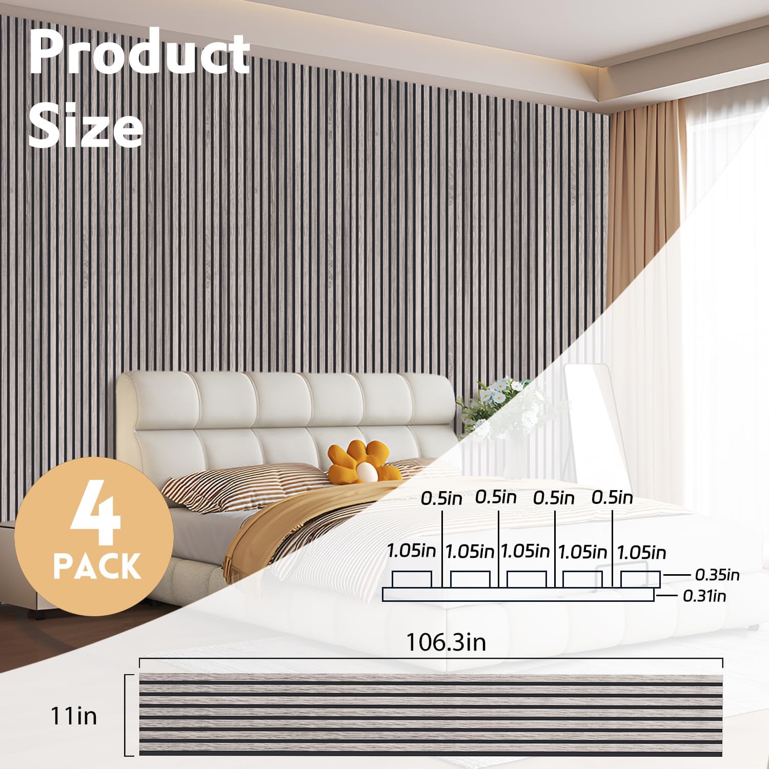 Detalle 2 de RITOLLO 4-Pack Wood Slat Acoustic Wall Panels, 106.3-Inch Gray MDF