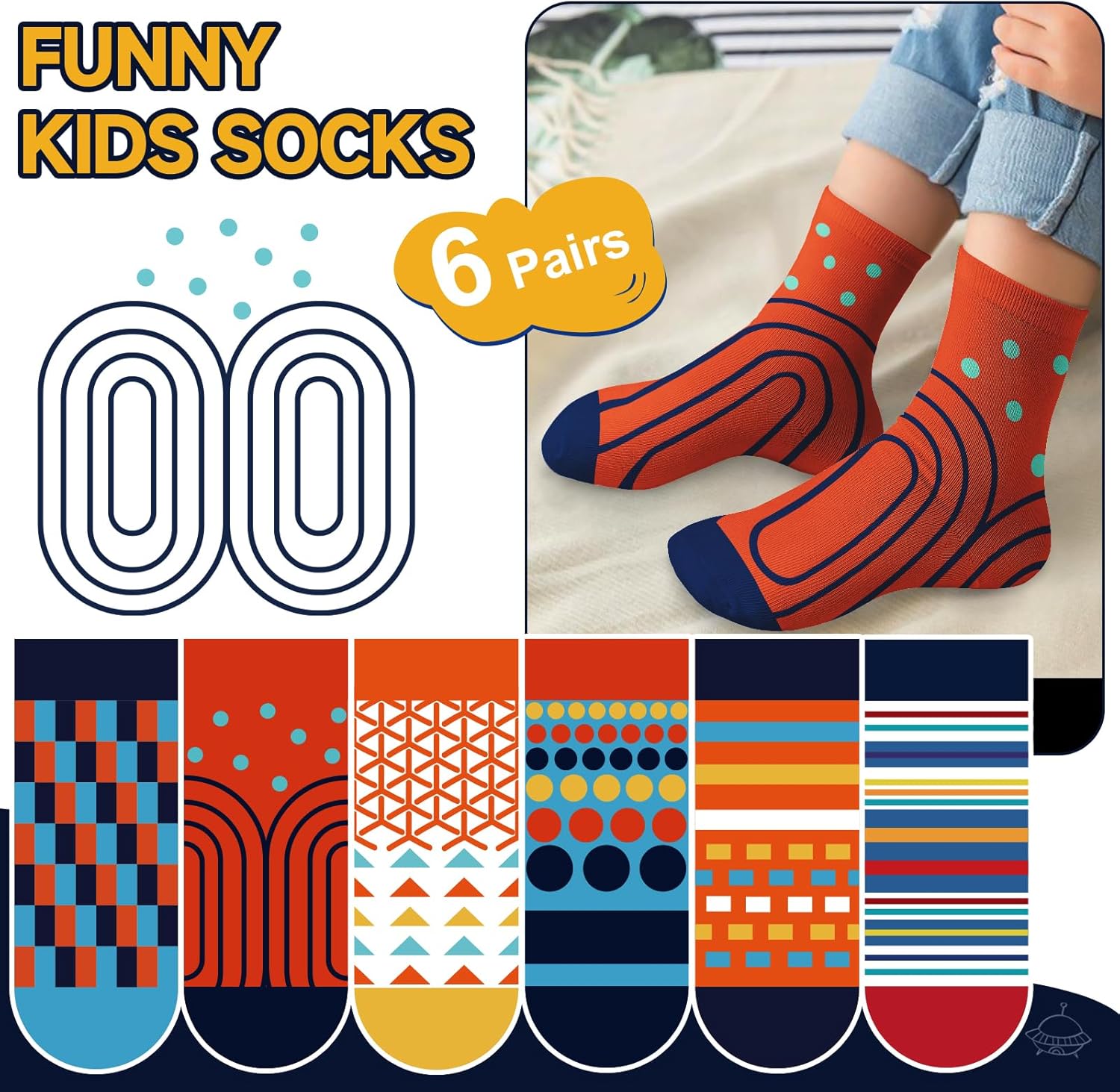 Thumbnail 1 de Queenshin Kids Socks: Novelty Camouflage Sharks in Colourful Stripes, Dots & Stars (6 Pairs)