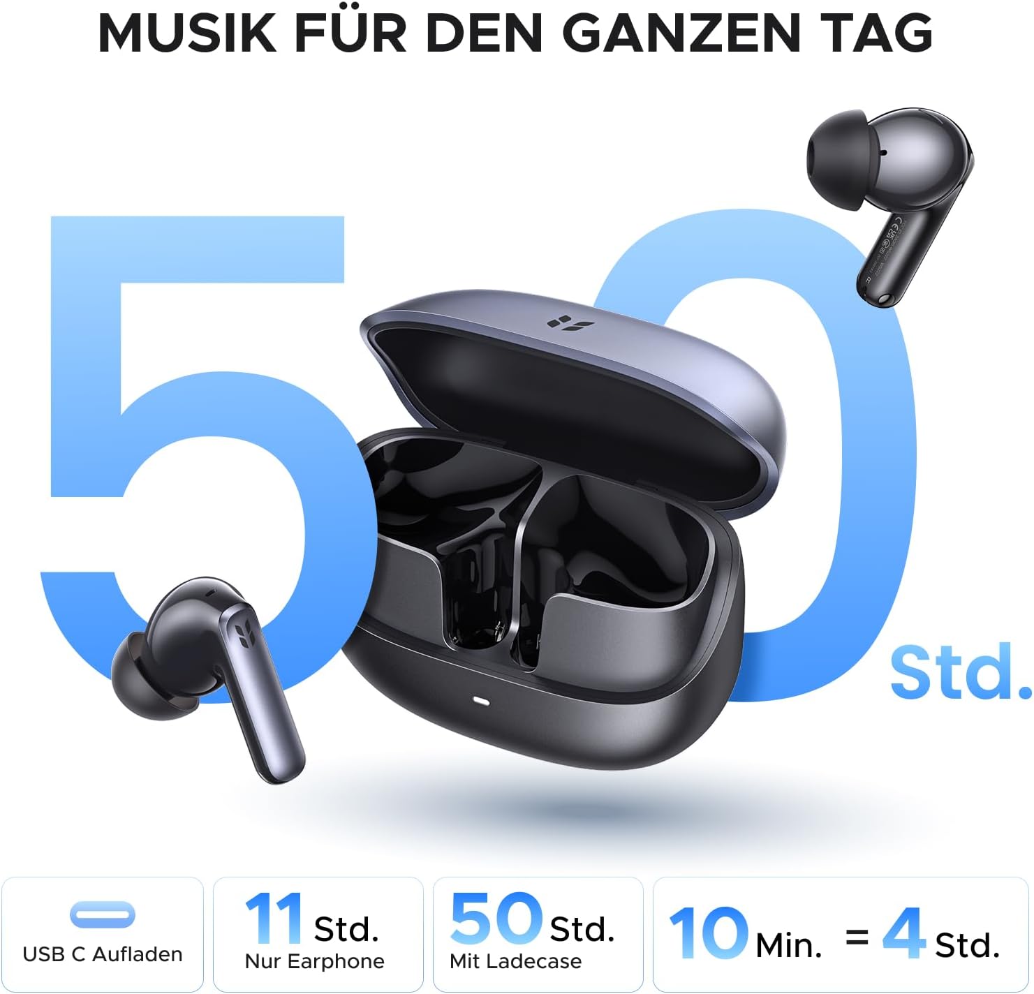 Detalle 2 de UGREEN EchoBuds Plus Adaptive ANC Bluetooth Kopfhörer – Hi-Res Sound, LDAC, 50 h Akku, 6-Mikrofon ENC
